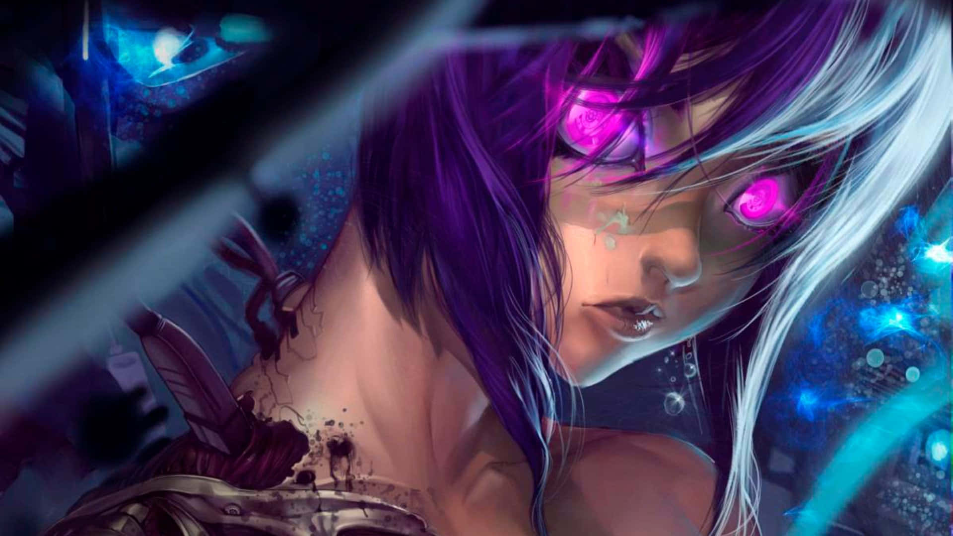 Motoko Kusanagi, glowing pink eyes, purple hair, Full HD Desktop Wallpaper