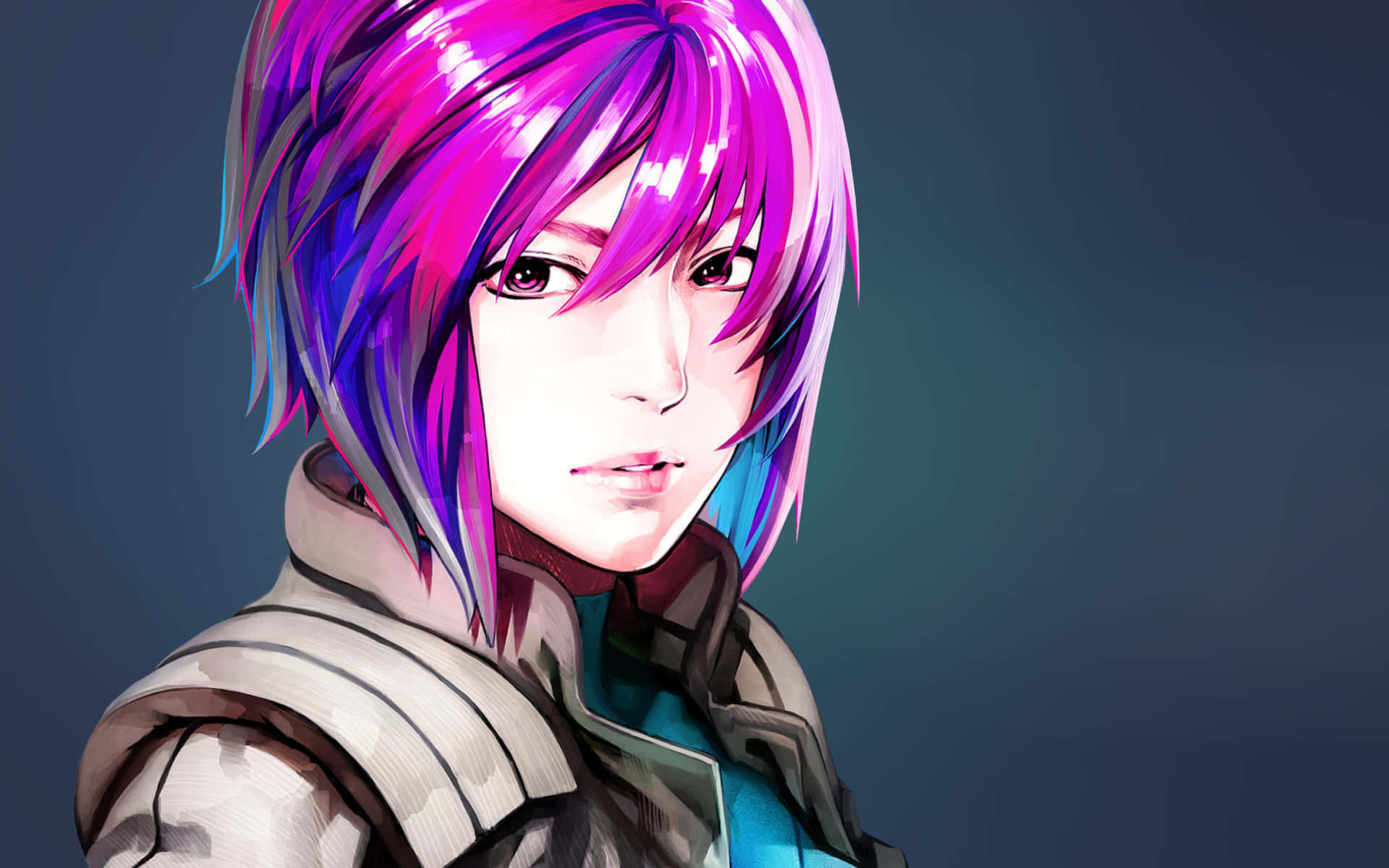 Motoko Kusanagi, vibrant purple and blue hair, close-up portrait, Full HD Desktop Wallpaper