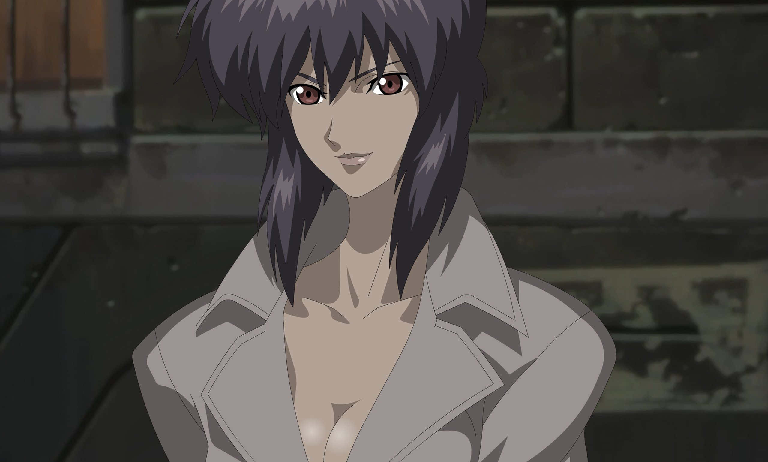 Motoko Kusanagi, gray open jacket, red eyes, 2K Desktop Wallpaper