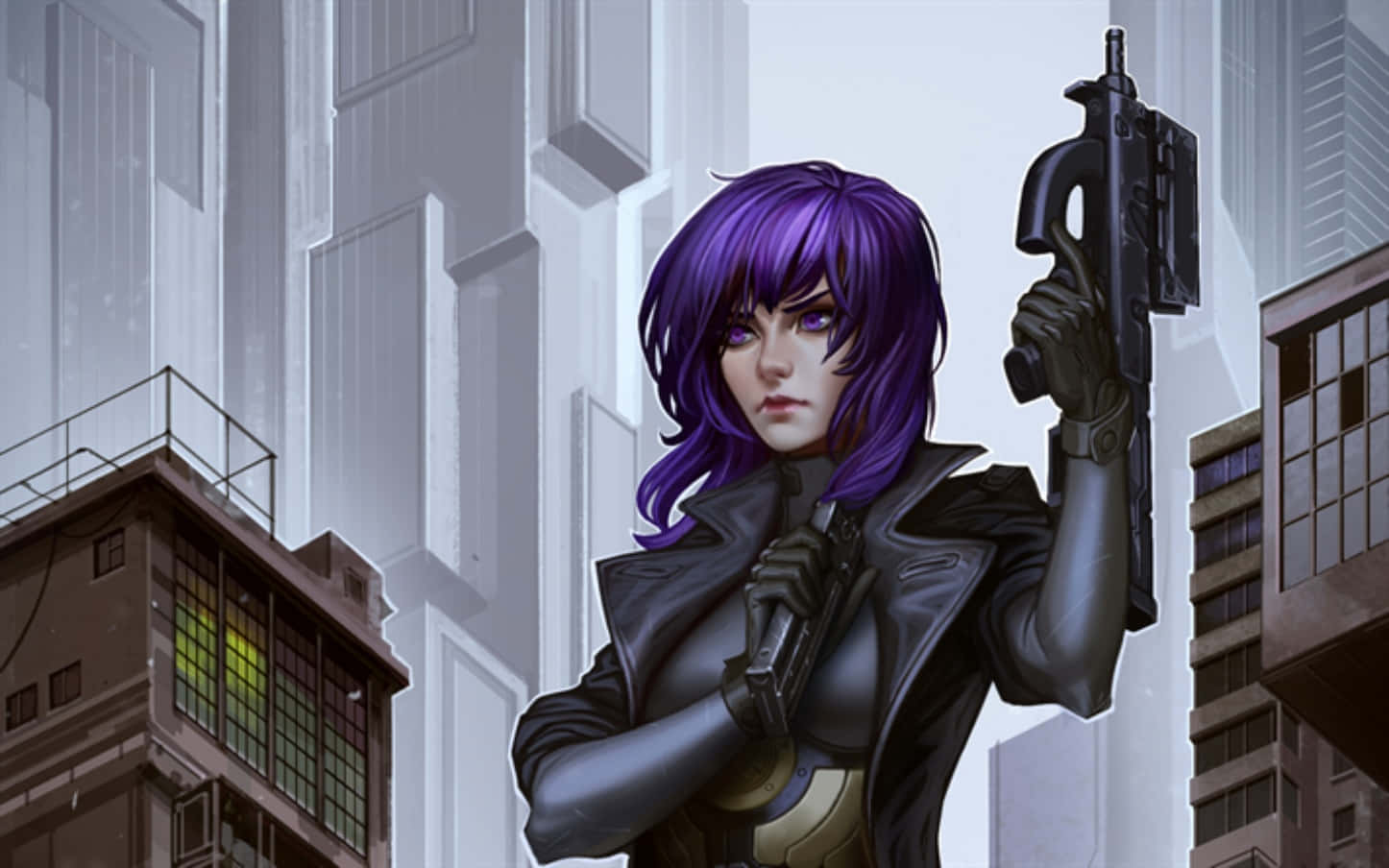 Motoko Kusanagi, purple-haired, black leather jacket, HD Desktop Wallpaper