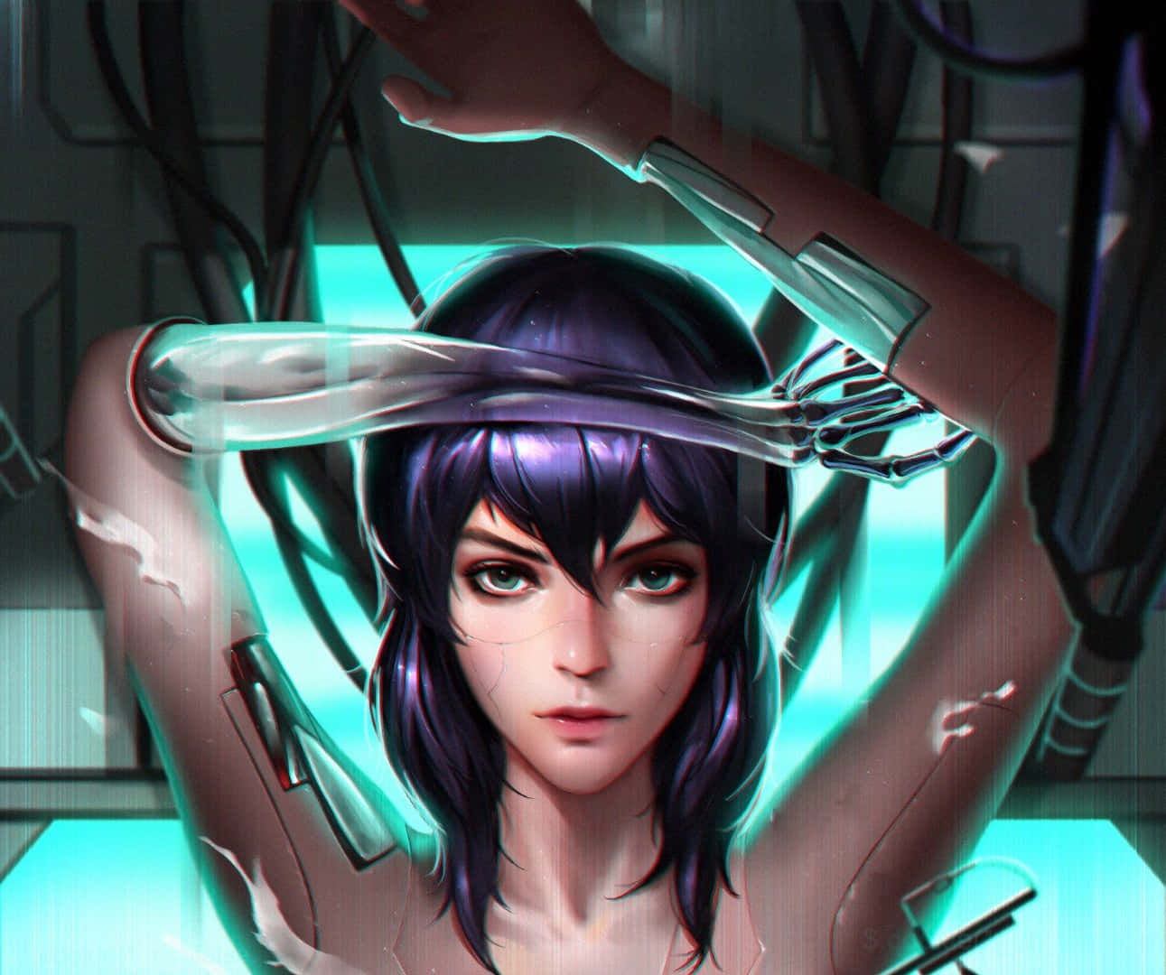 Motoko Kusanagi, purple hair, glowing teal cybernetic arms, HD Desktop Wallpaper