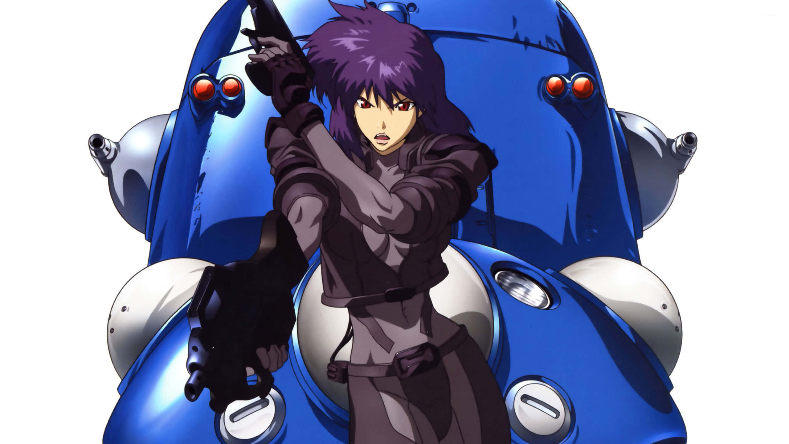 Motoko Kusanagi, purple-haired, dark gear, 2K Desktop Wallpaper