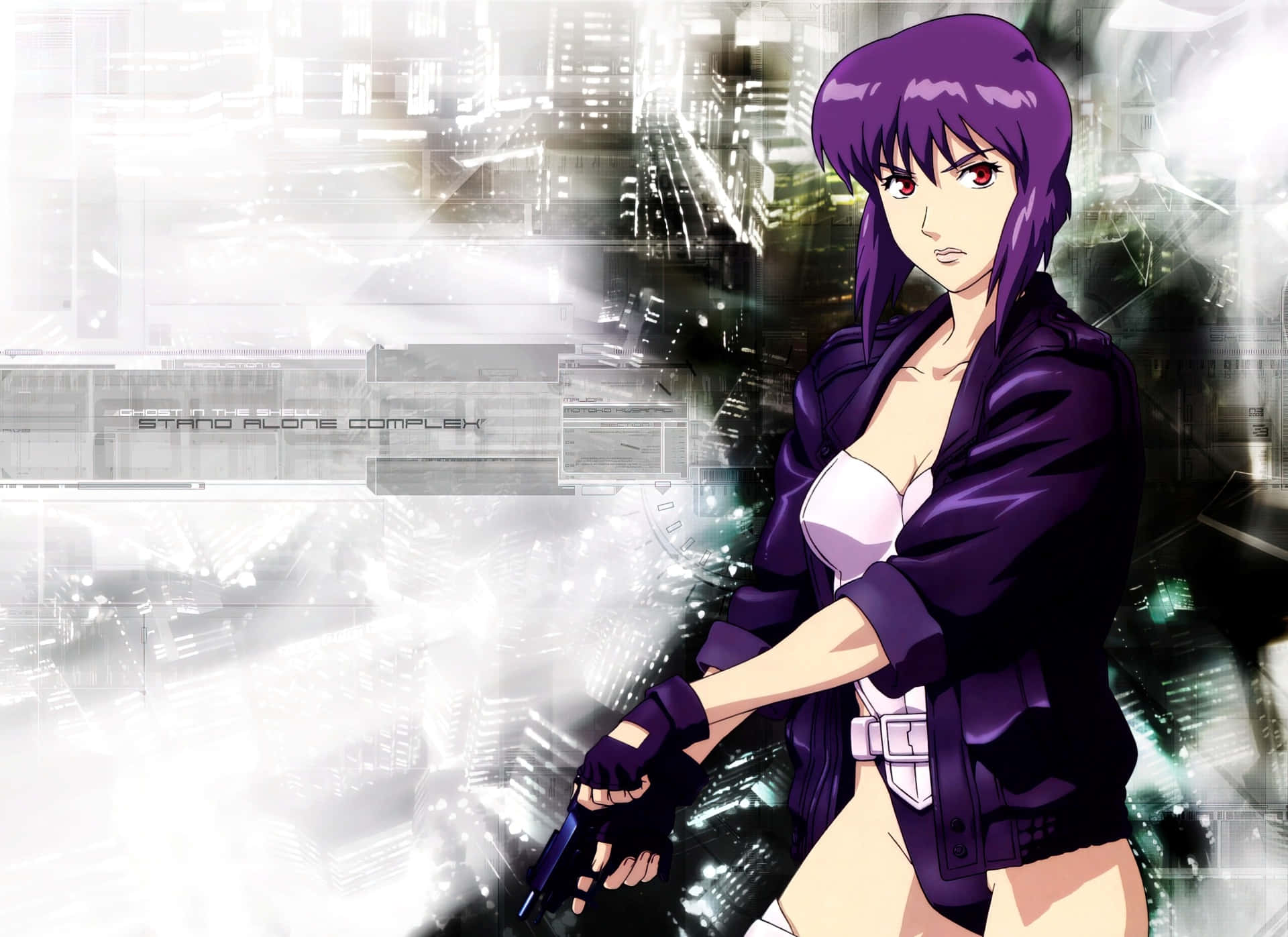 Motoko Kusanagi, purple-haired, dark jacket, Full HD Desktop Wallpaper
