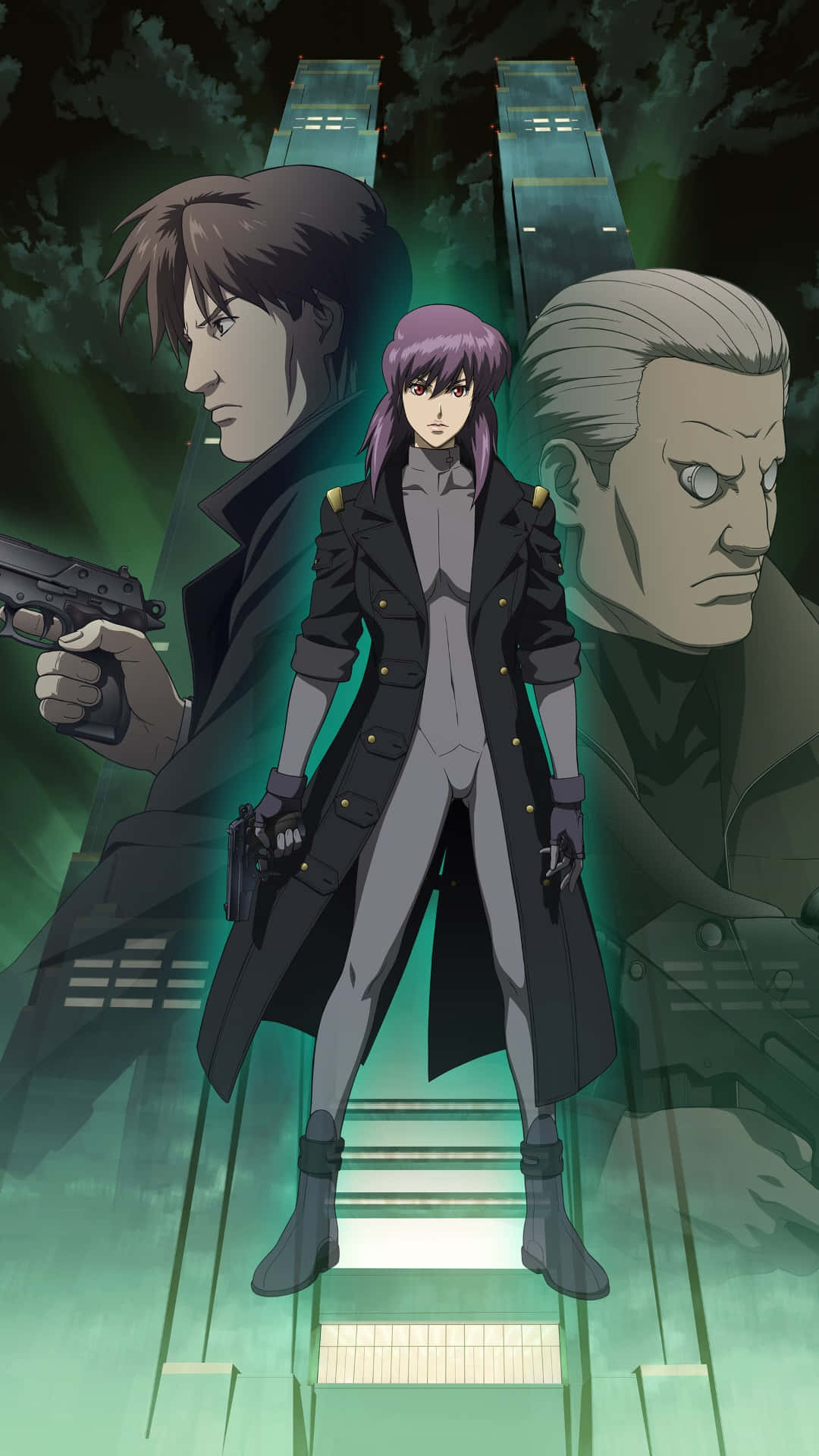 Motoko Kusanagi, purple-haired, black trench coat, Full HD Phone Wallpaper