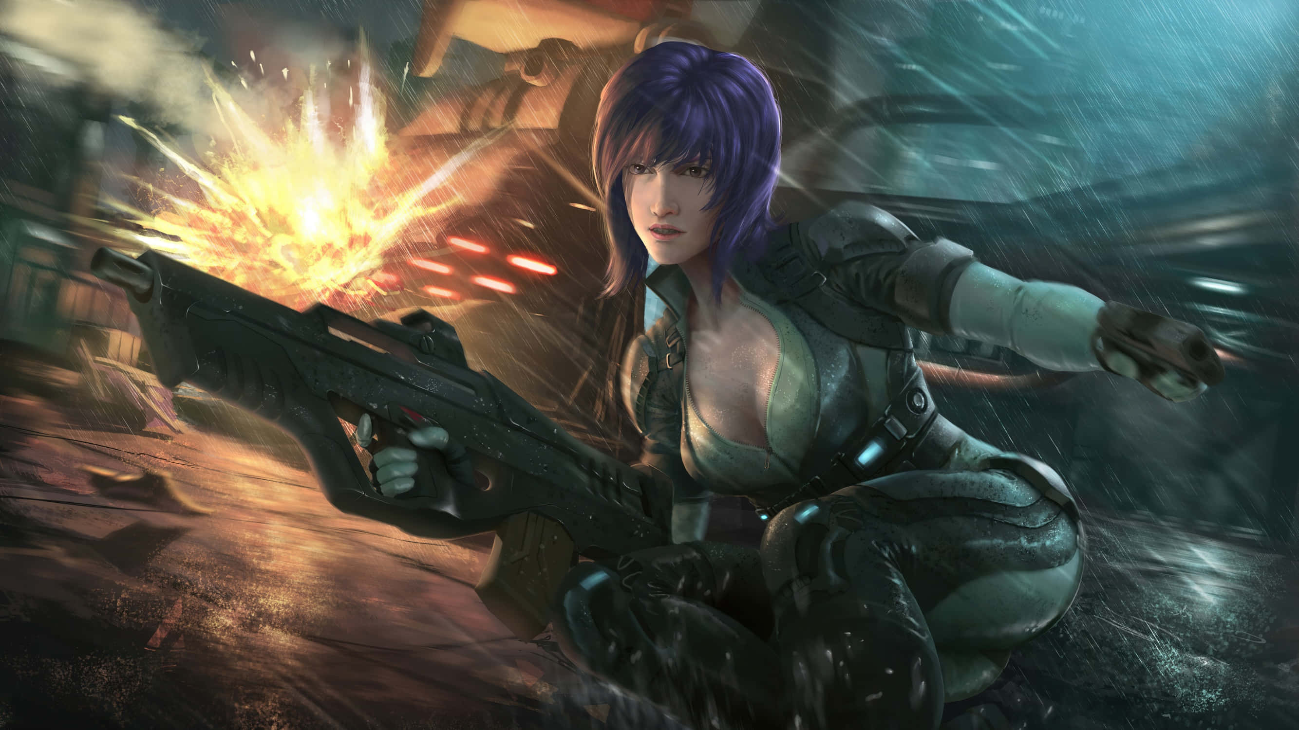 Motoko Kusanagi, purple-haired, tactical gear, 2K Desktop Wallpaper