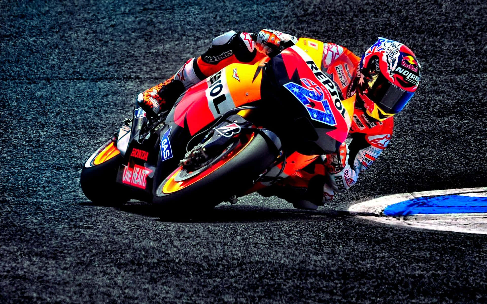 motorcyclist, vibrant red and orange race bike, dark asphalt track, Full HD Desktop Wallpaper