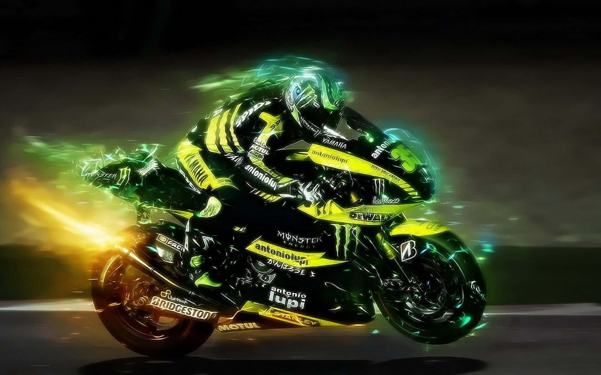 motorcycle, neon-lit, glowing green and yellow energy trails, Full HD Desktop Wallpaper