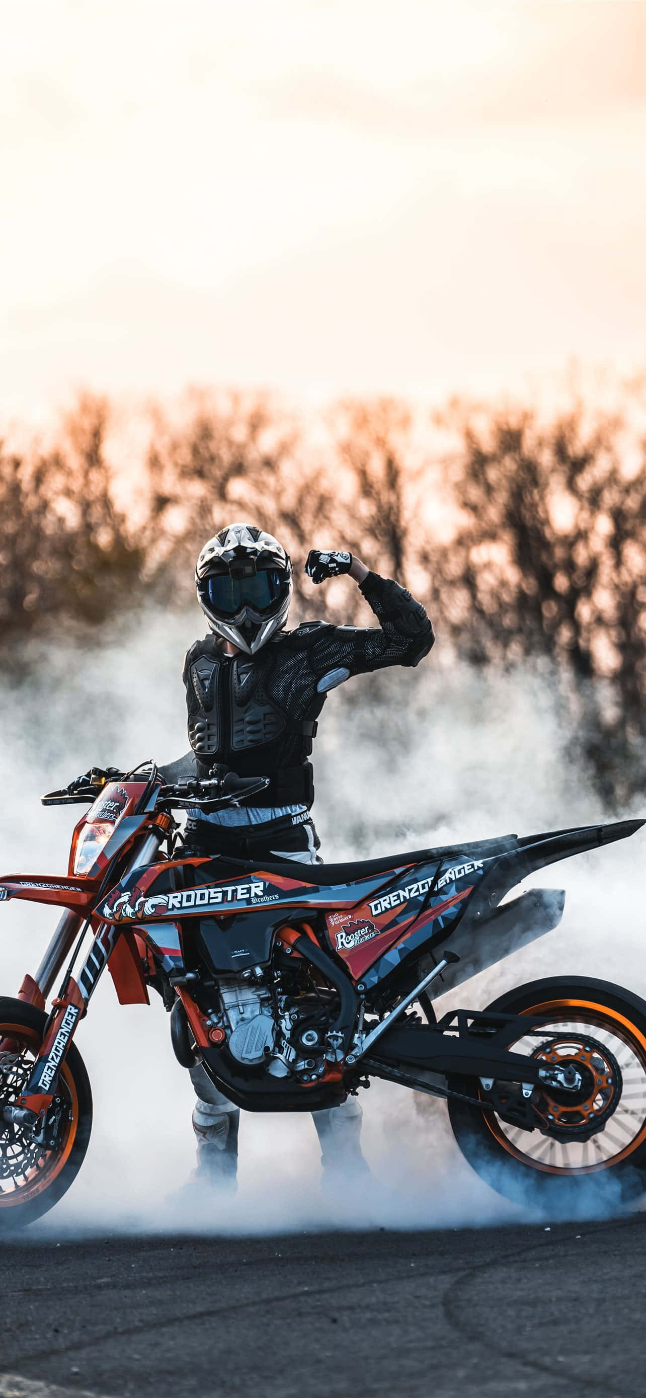 motocross rider, red dirt bike, warm sunset sky, 2K Phone Wallpaper