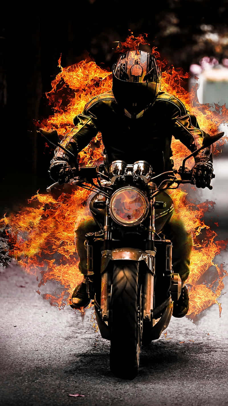 motorcyclist in full gear, classic bike, roaring orange flames, HD Phone Wallpaper