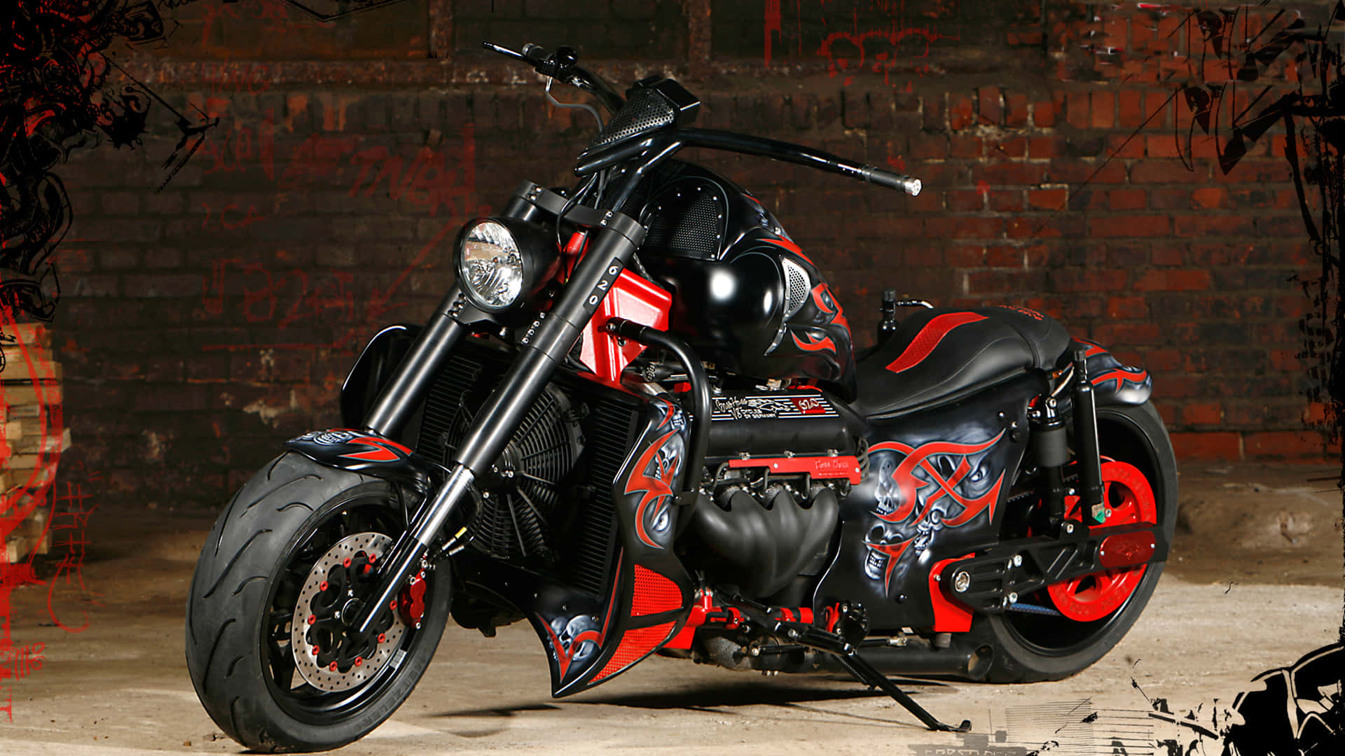 black and red chopper motorcycle, tribal flame decals, gritty brick-walled garage, Full HD Desktop Wallpaper