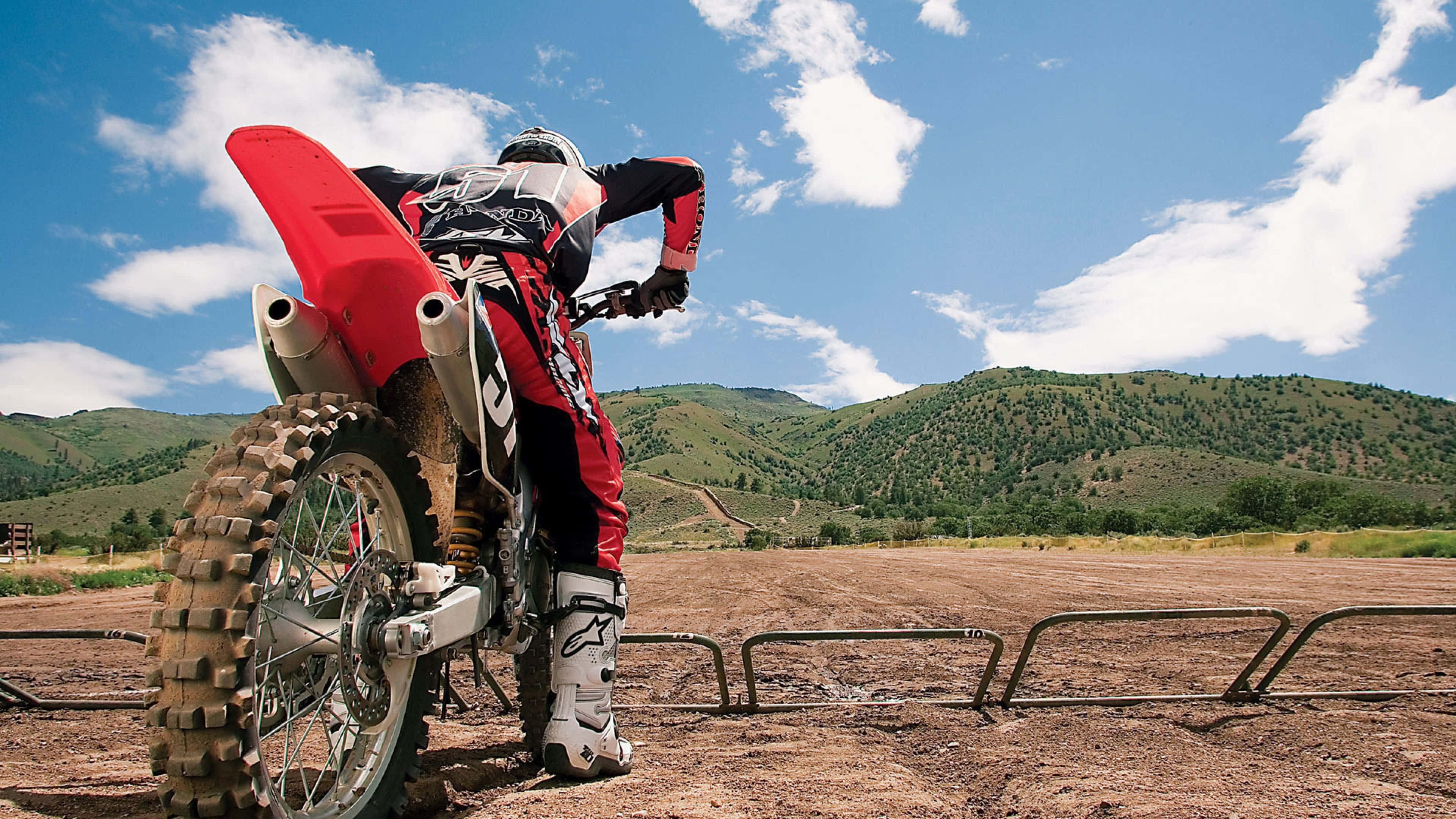 motocross rider, red gear, dirt bike, 4K Desktop Wallpaper