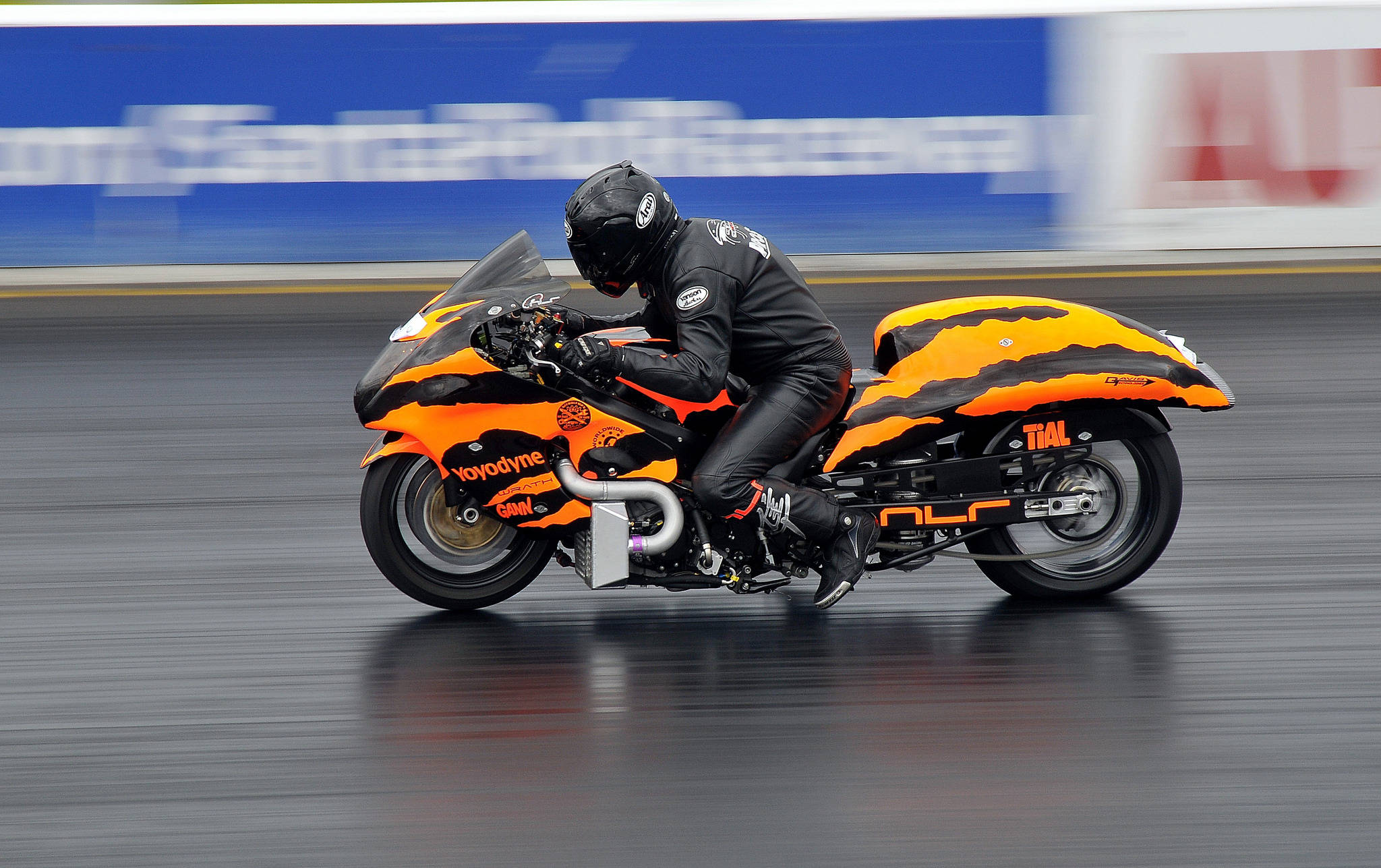 orange black racing motorcycle, vibrant orange and black drag bike, wet racetrack, Full HD Desktop Wallpaper