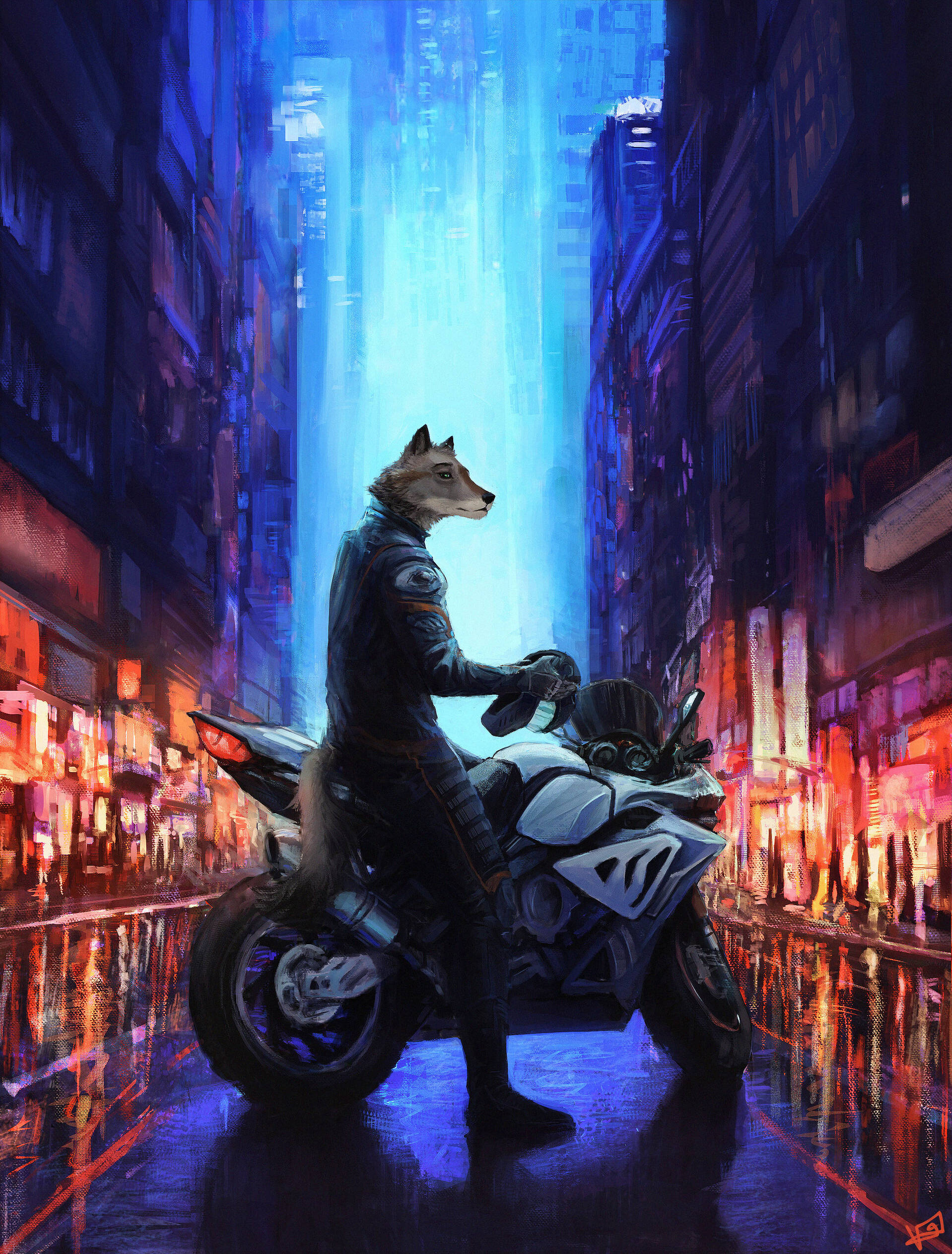 wolf rider, futuristic motorcycle, neon-drenched rain-soaked cyberpunk alley, Full HD Phone Wallpaper