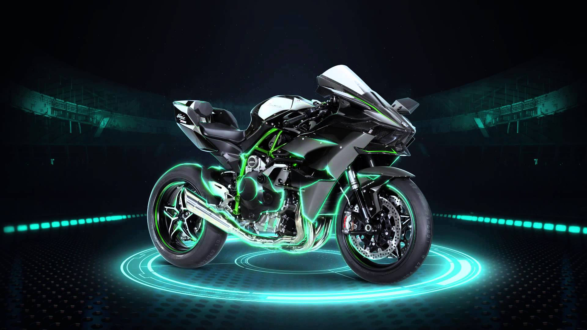 illuminated kawasaki h2r, neon green lines, futuristic platform, Full HD Desktop Wallpaper