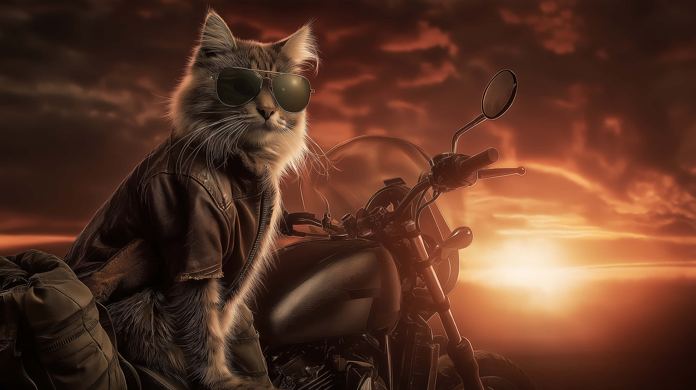 biker cat, aviator sunglasses, leather jacket, 2K Desktop Wallpaper