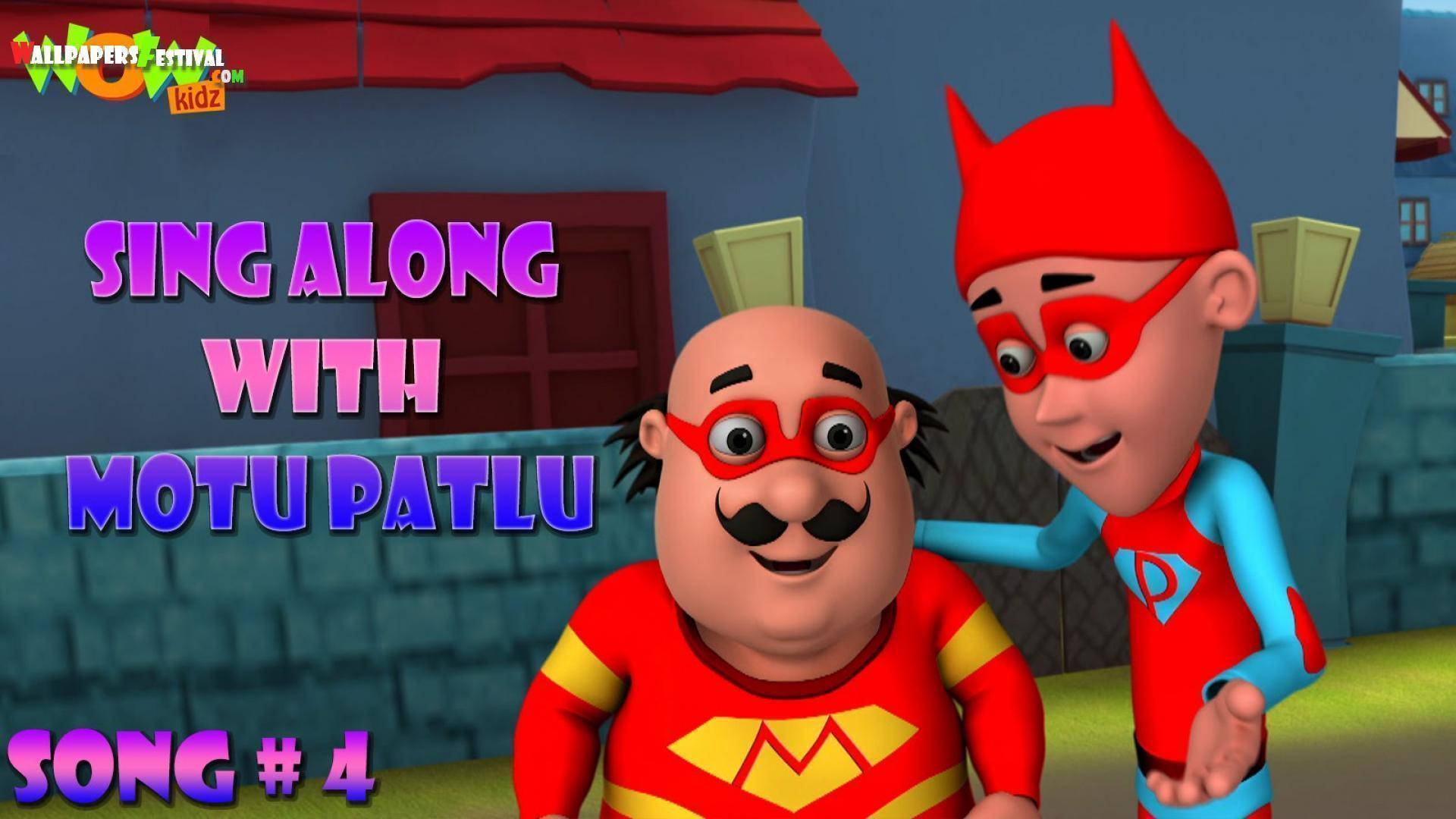 Motu Patlu, red costumes, blue brick building, Full HD Desktop Wallpaper
