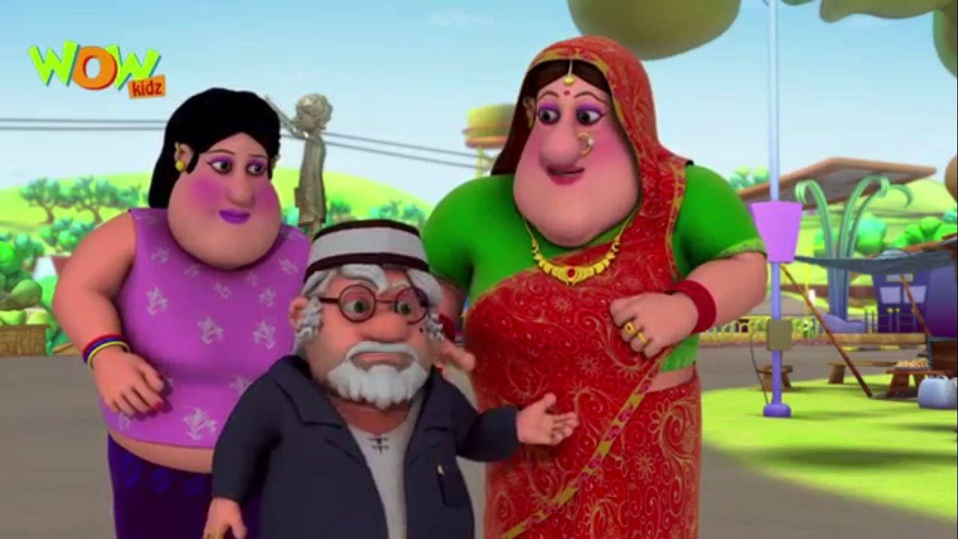 Motu Patlu, Indian attire, bright cartoon village scene, HD Desktop Wallpaper
