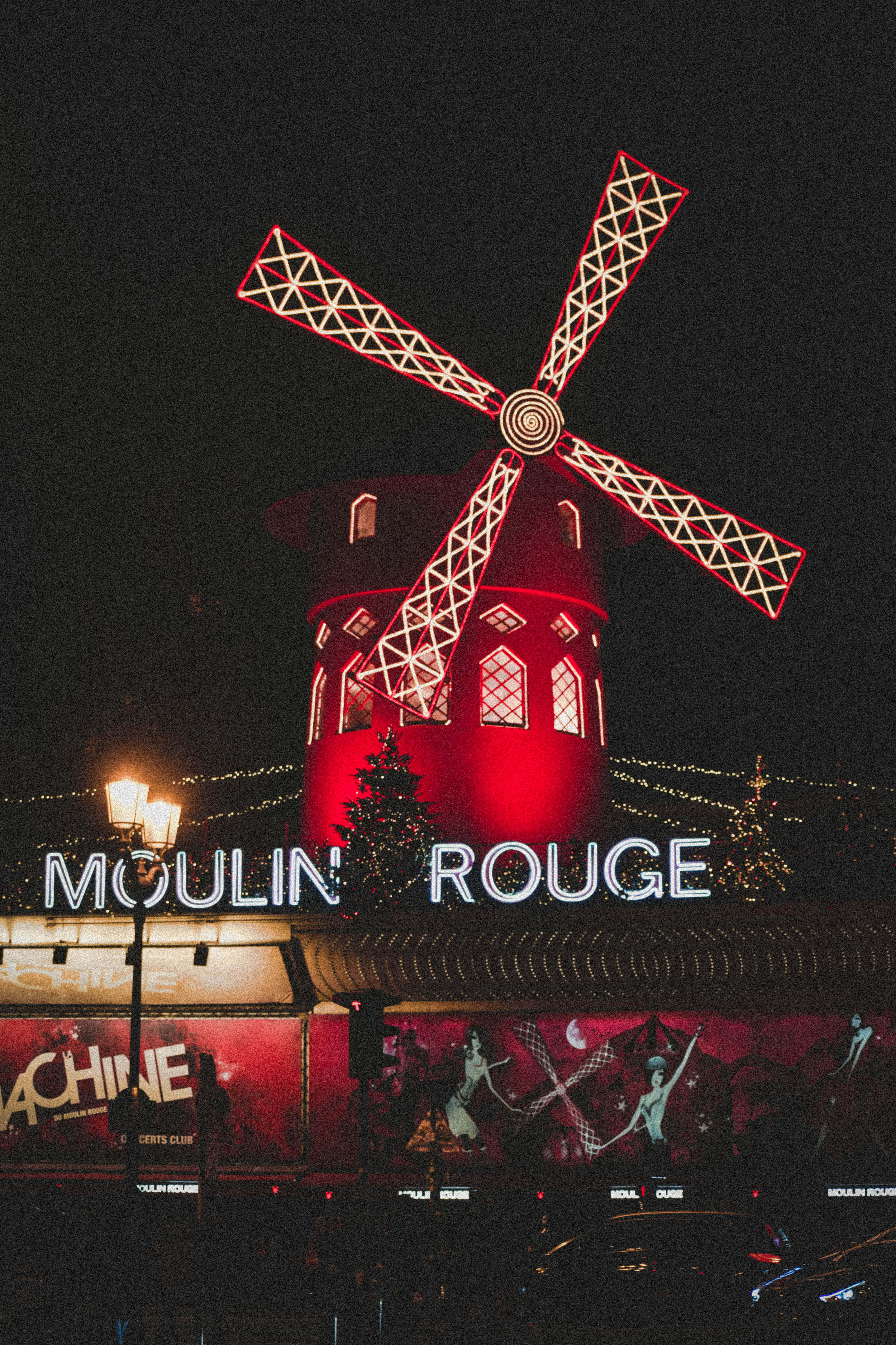 Moulin Rouge, windmill, neon blades, 5K Phone Wallpaper