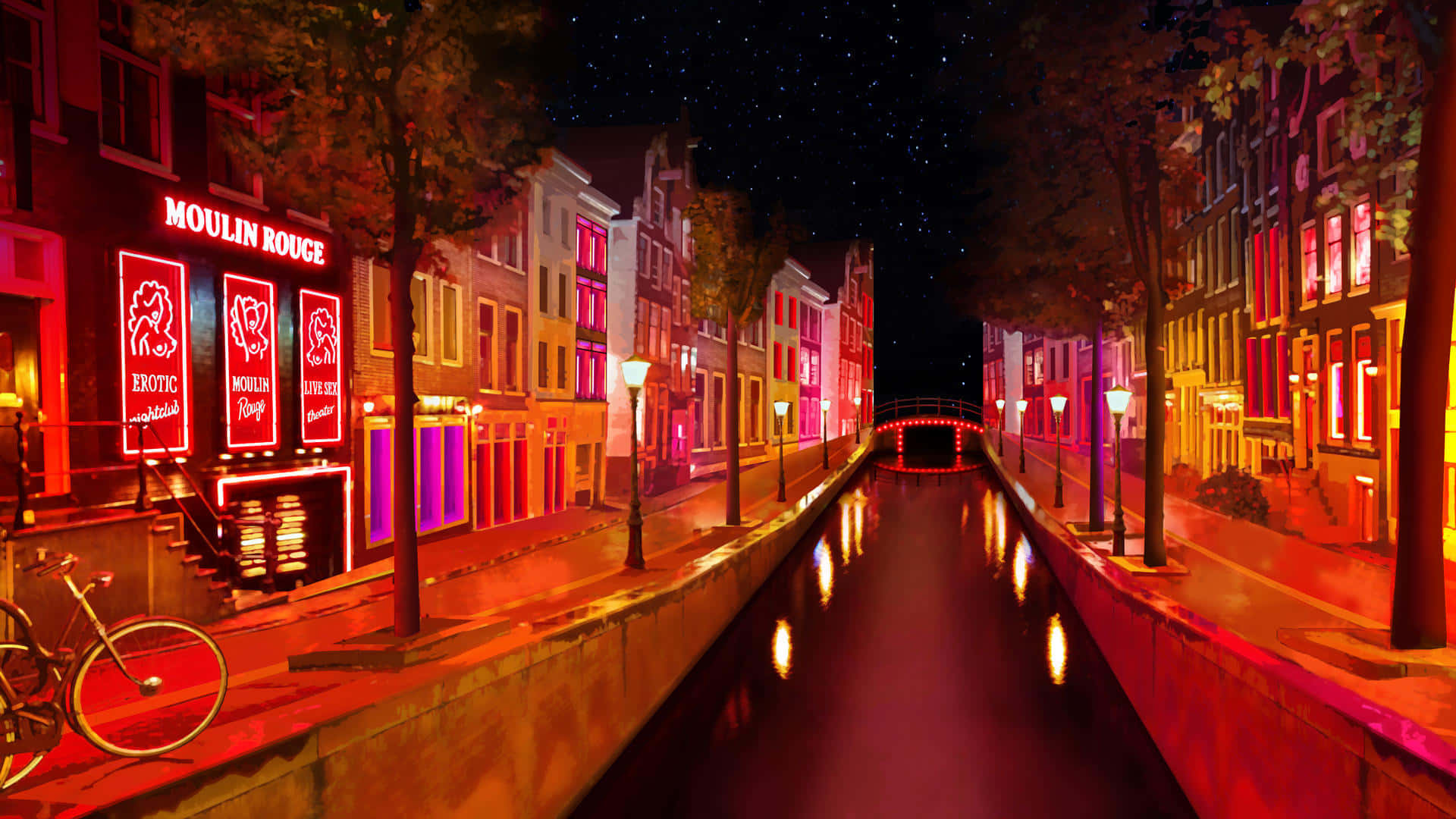 Moulin Rouge, neon lights, canal scene, Full HD Desktop Wallpaper