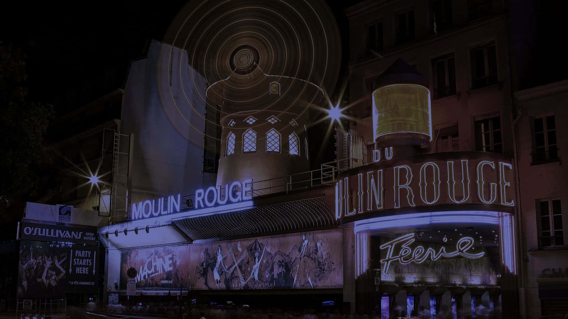 Moulin Rouge, neon lights, giant spinning windmill, Full HD Desktop Wallpaper