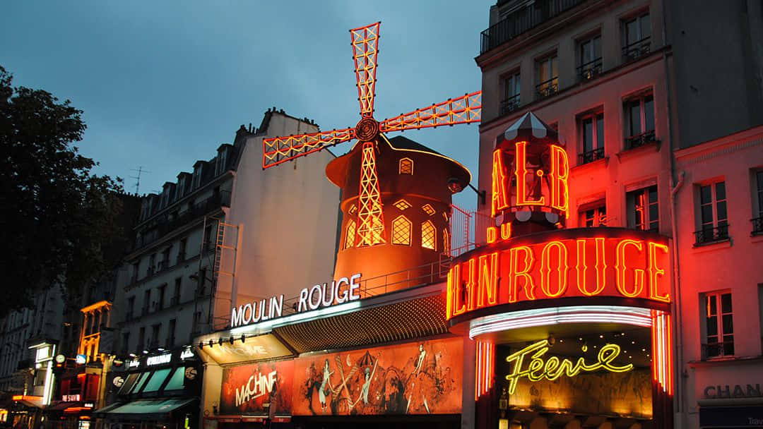 Moulin Rouge, red neon lights, dusky Parisian sky, SD Desktop Wallpaper