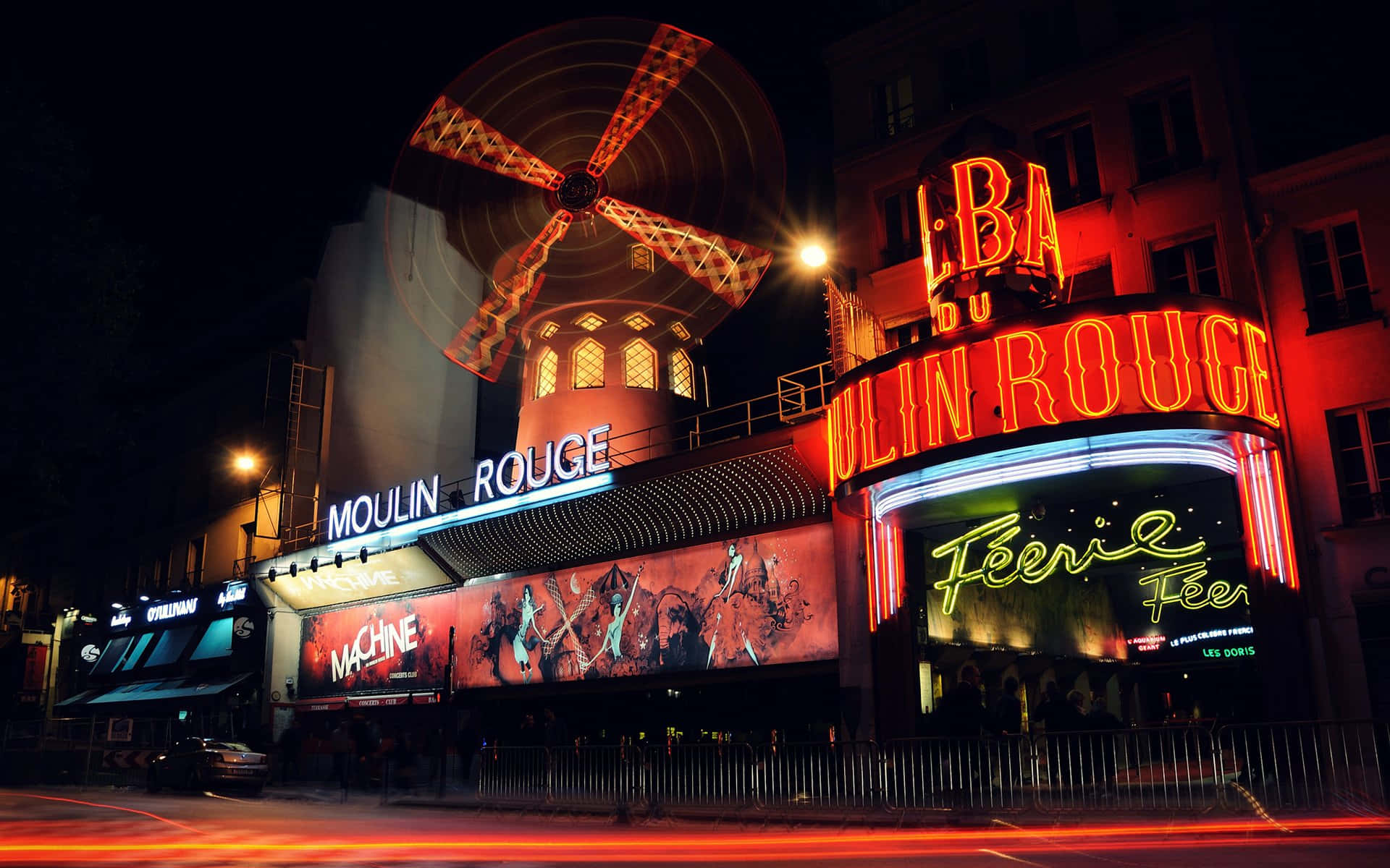 Moulin Rouge, neon lights, glowing windmill, Full HD Desktop Wallpaper