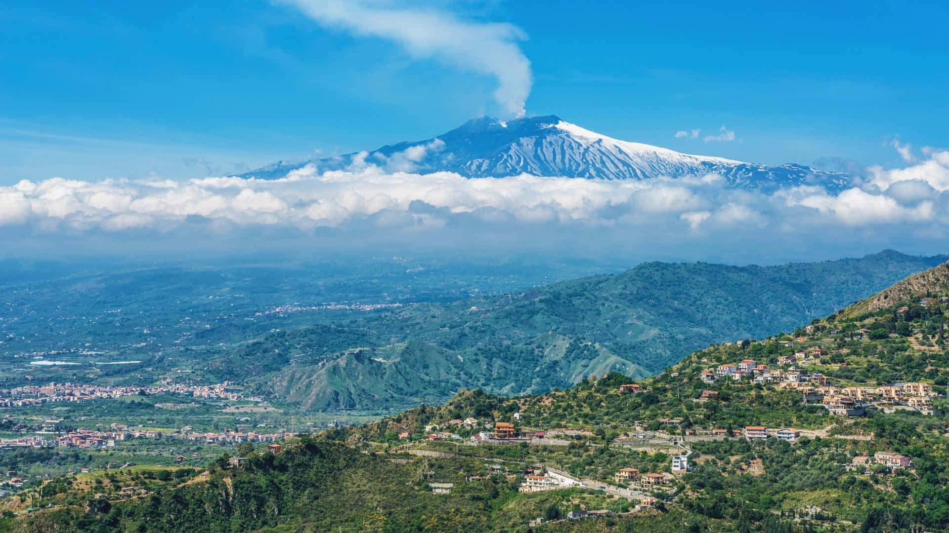 Mount Etna, snow-capped, clouds, Full HD Desktop Wallpaper