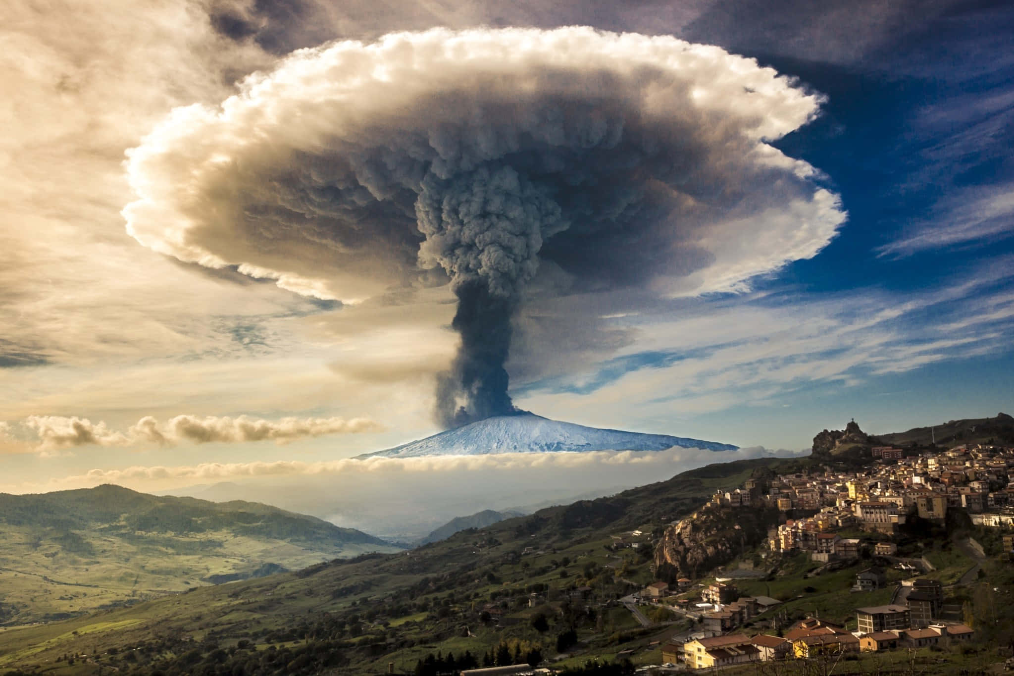 Mount Etna, mushroom cloud, snow-capped mountain, Full HD Desktop Wallpaper