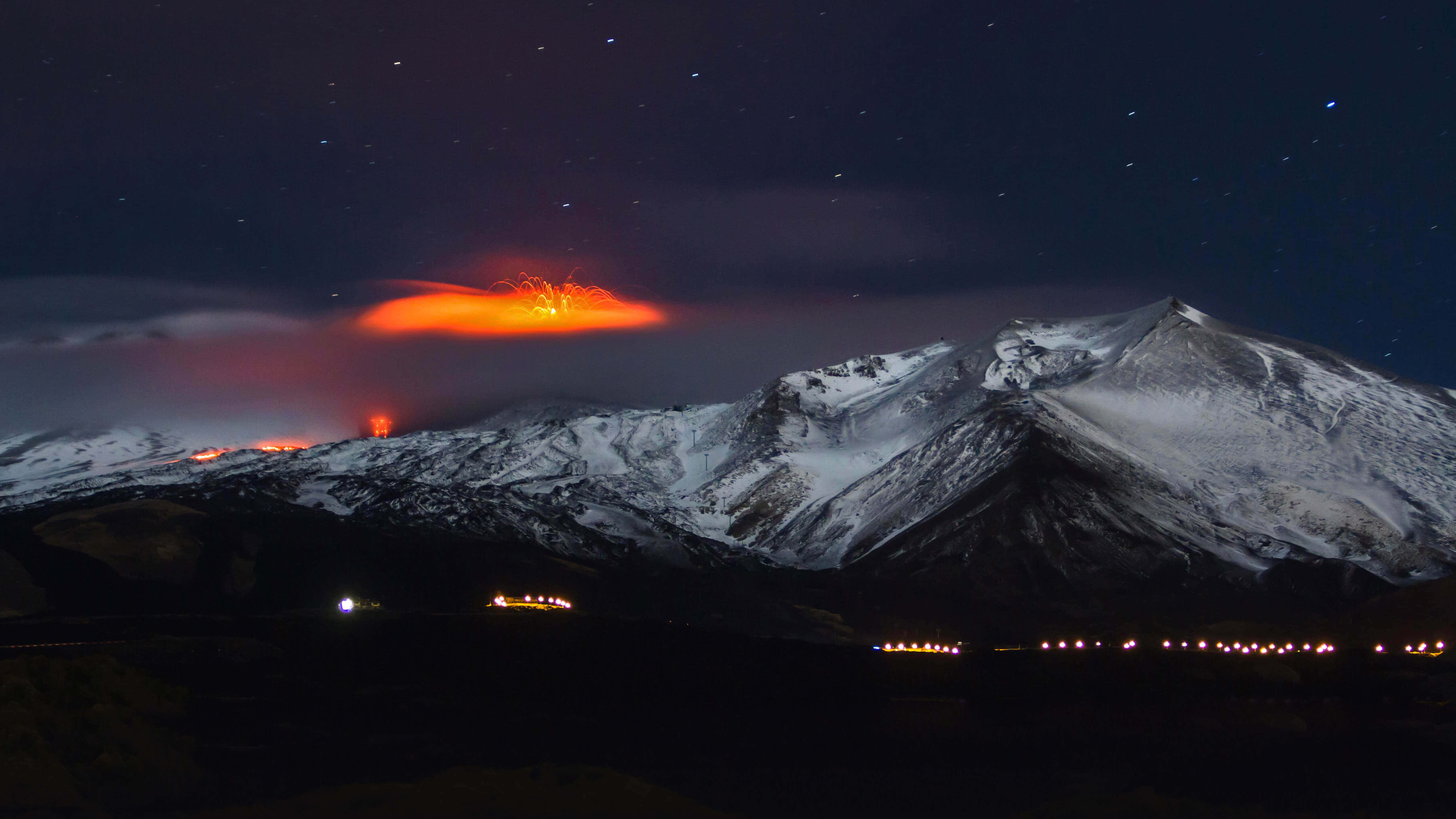Mount Etna, snowcapped mountain range, fiery orange lava, 5K Desktop Wallpaper