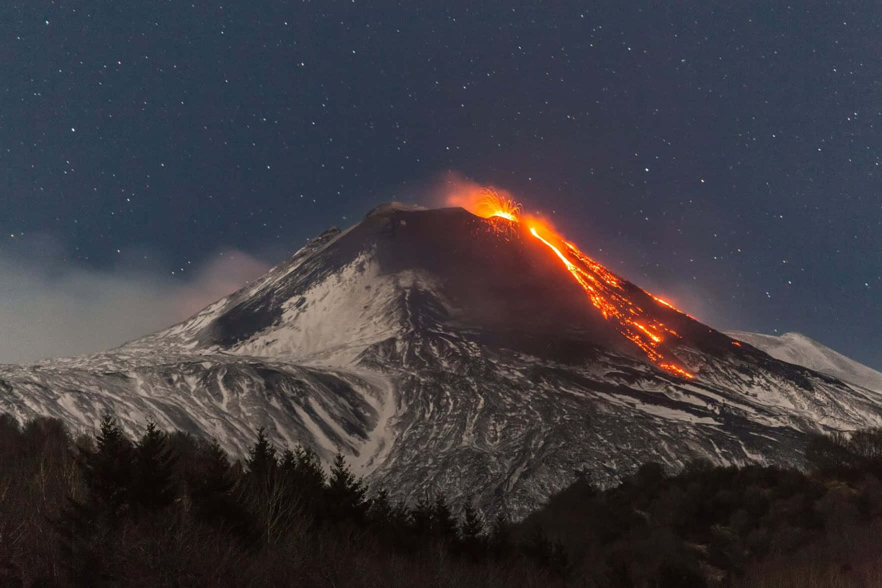 Mount Etna, snow-capped volcano, glowing lava, HD Desktop Wallpaper