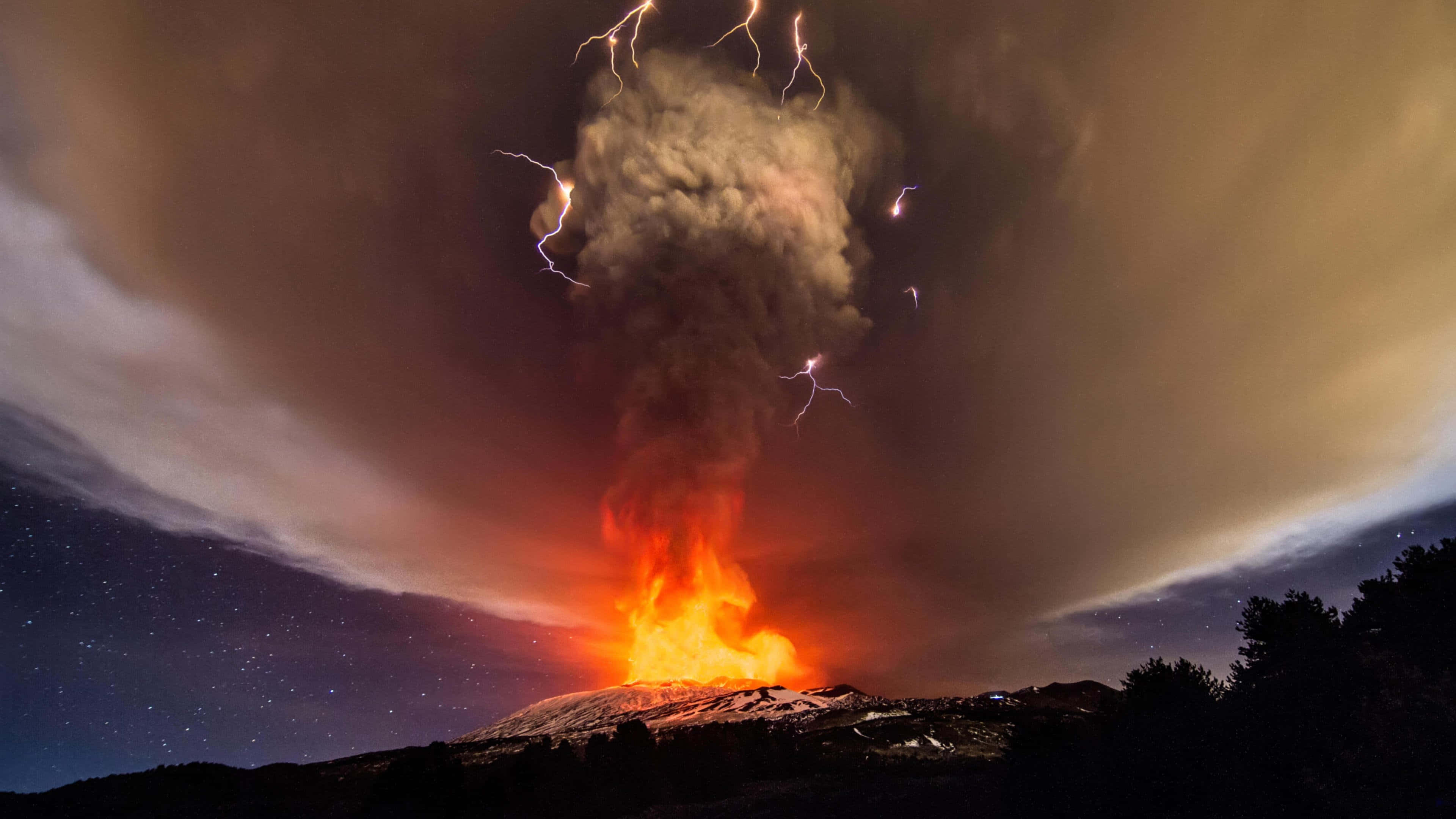 Mount Etna, volcanic eruption, night, 4K Desktop Wallpaper