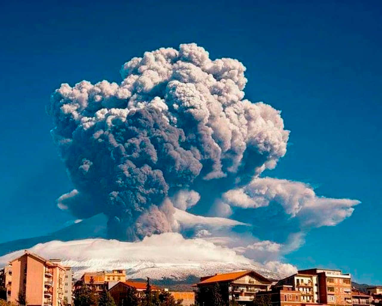 Sicilian village, Mount Etna, snow-capped mountain, HD Desktop Wallpaper