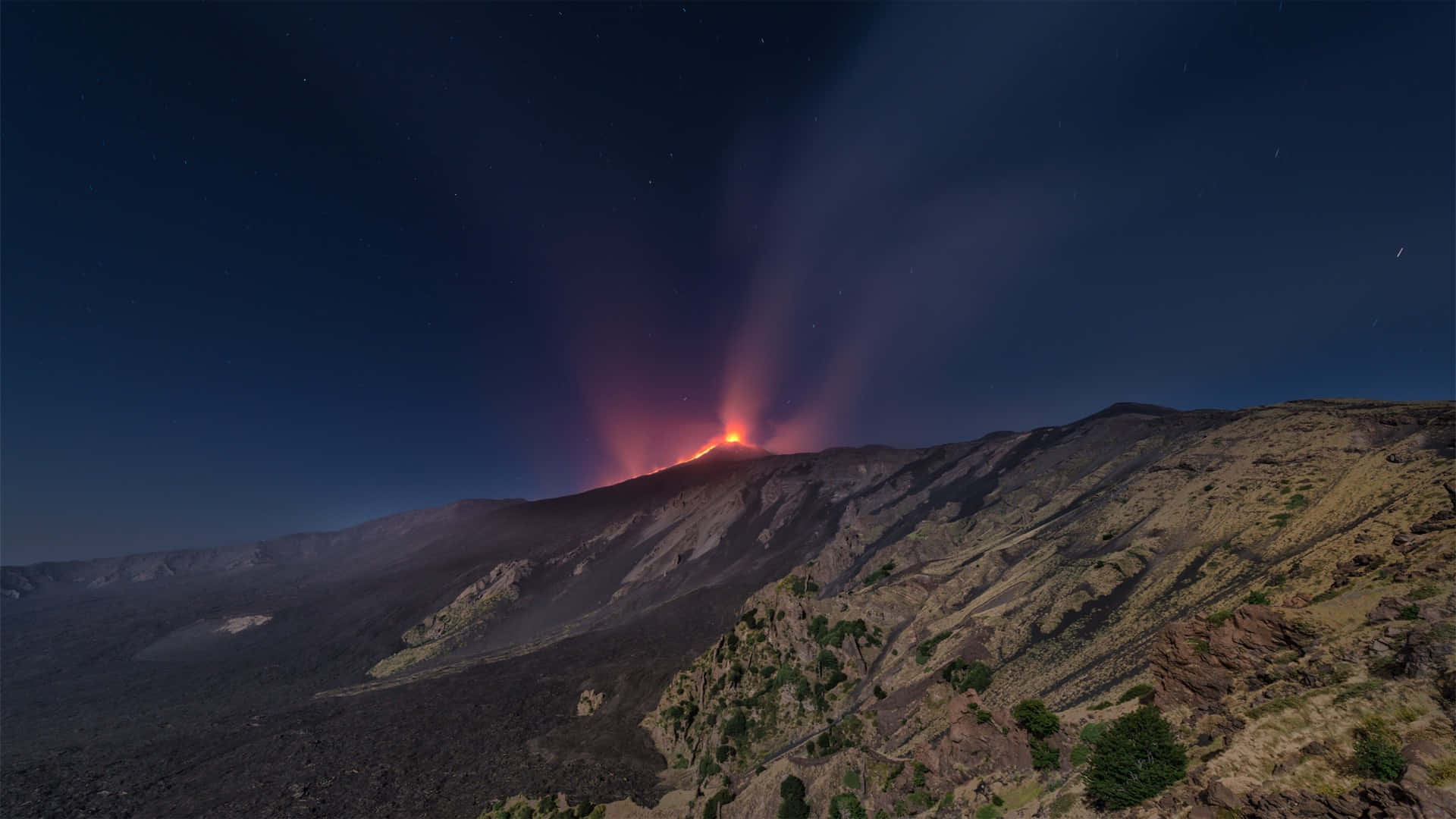 Mount Etna, night sky, starry sky, Full HD Desktop Wallpaper
