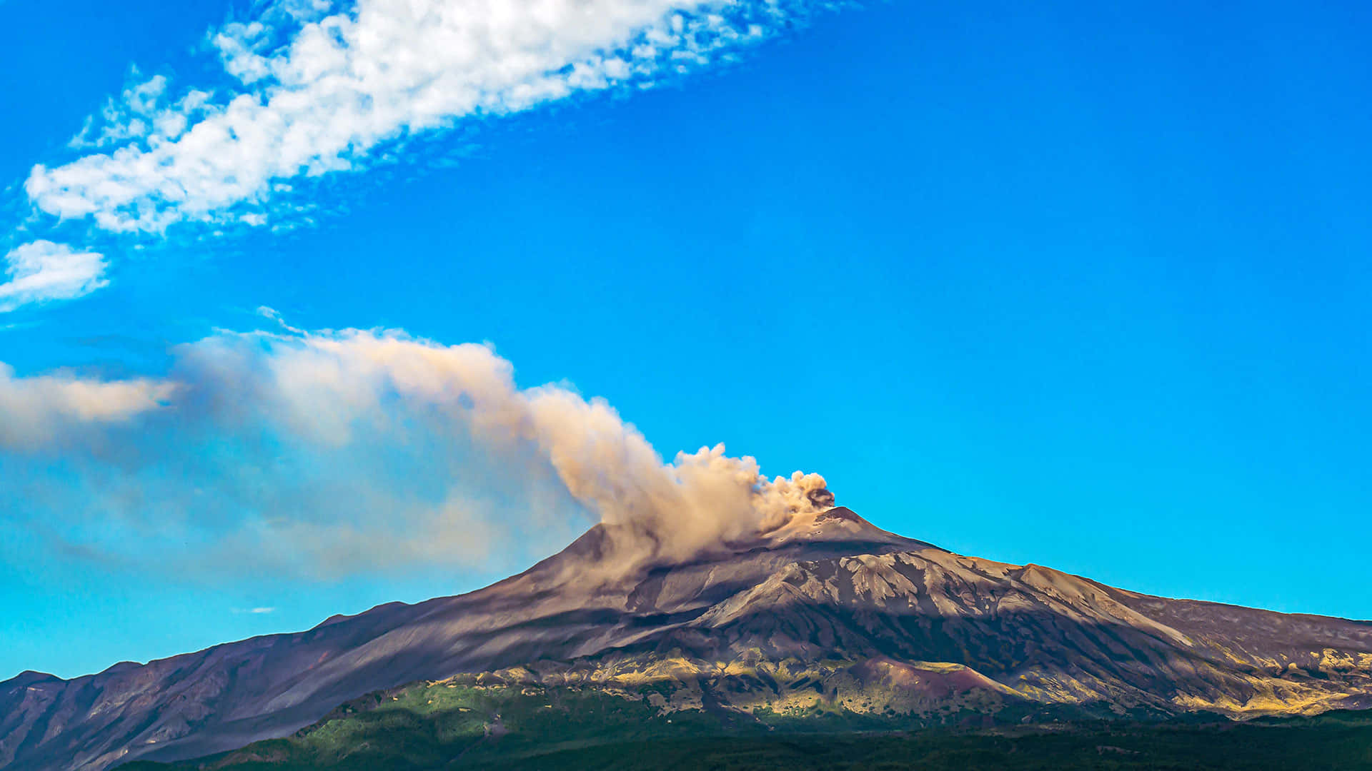 Mount Etna, ash plume, vibrant blue sky, Full HD Desktop Wallpaper