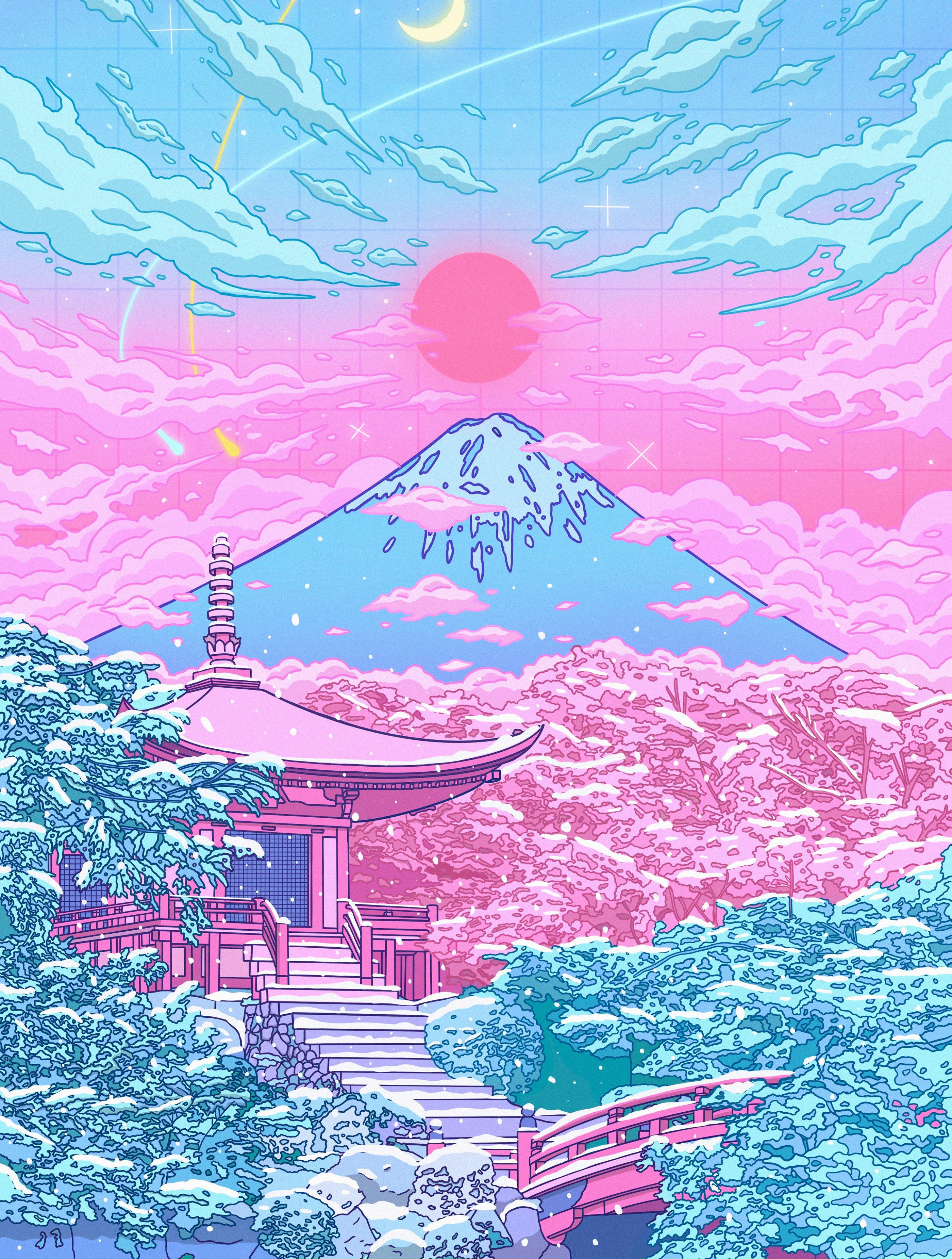 Mount Fuji, pastel Japanese aesthetic, snow-covered Japanese temple, 2K Phone Wallpaper