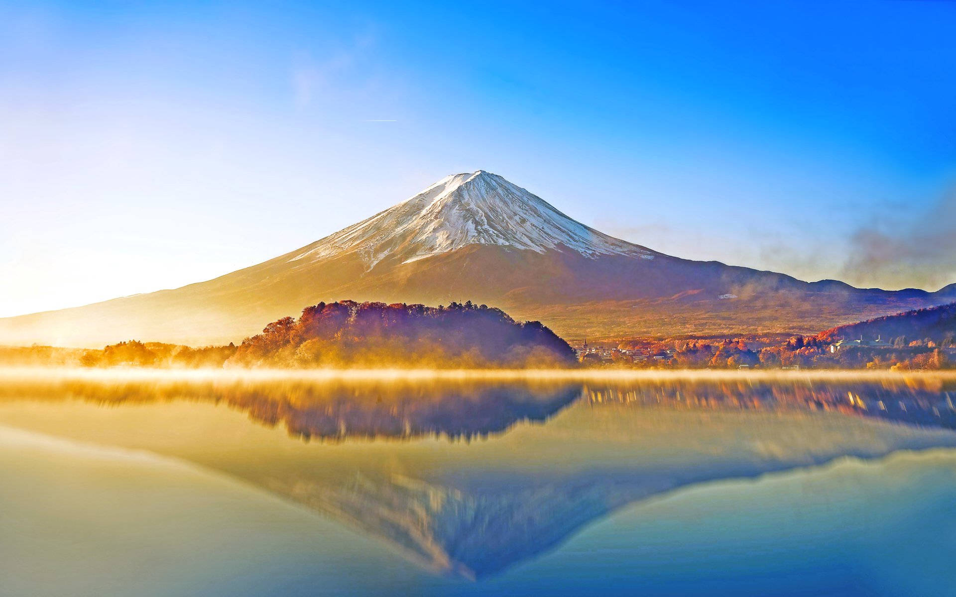 Mount Fuji, lake, sunrise, Full HD Desktop Wallpaper