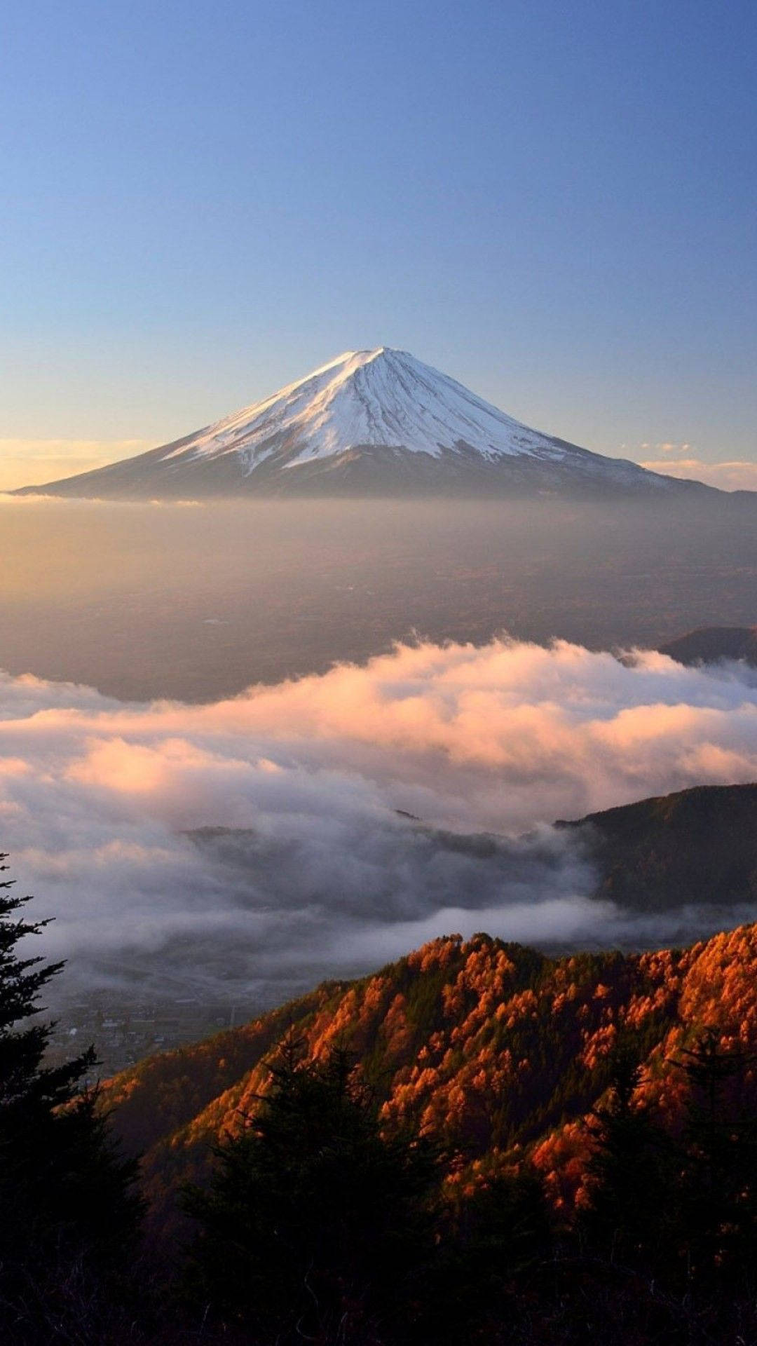 Mount Fuji, snow-capped, sea of golden clouds, Full HD Phone Wallpaper