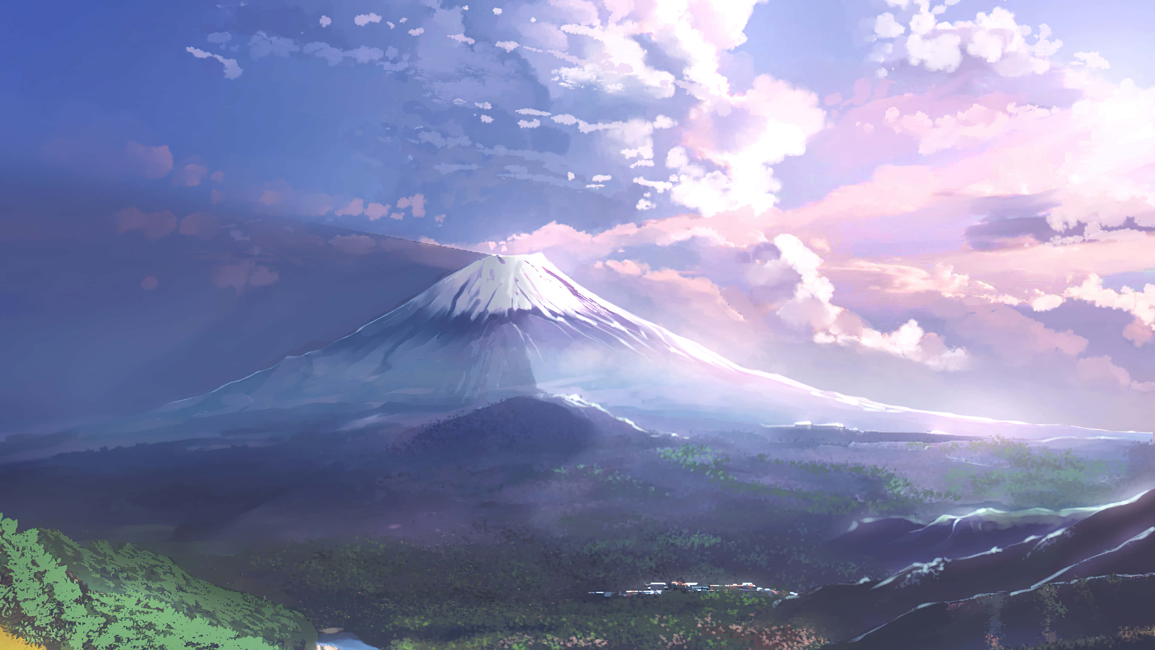 Mount Fuji, anime scenery, pastel sky, 4K Desktop Wallpaper