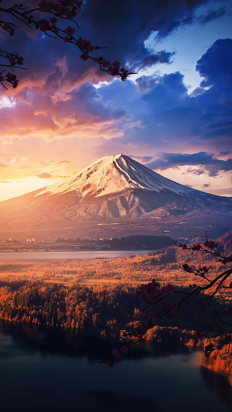 Mount Fuji, sunset, cherry blossoms, HD Phone Wallpaper