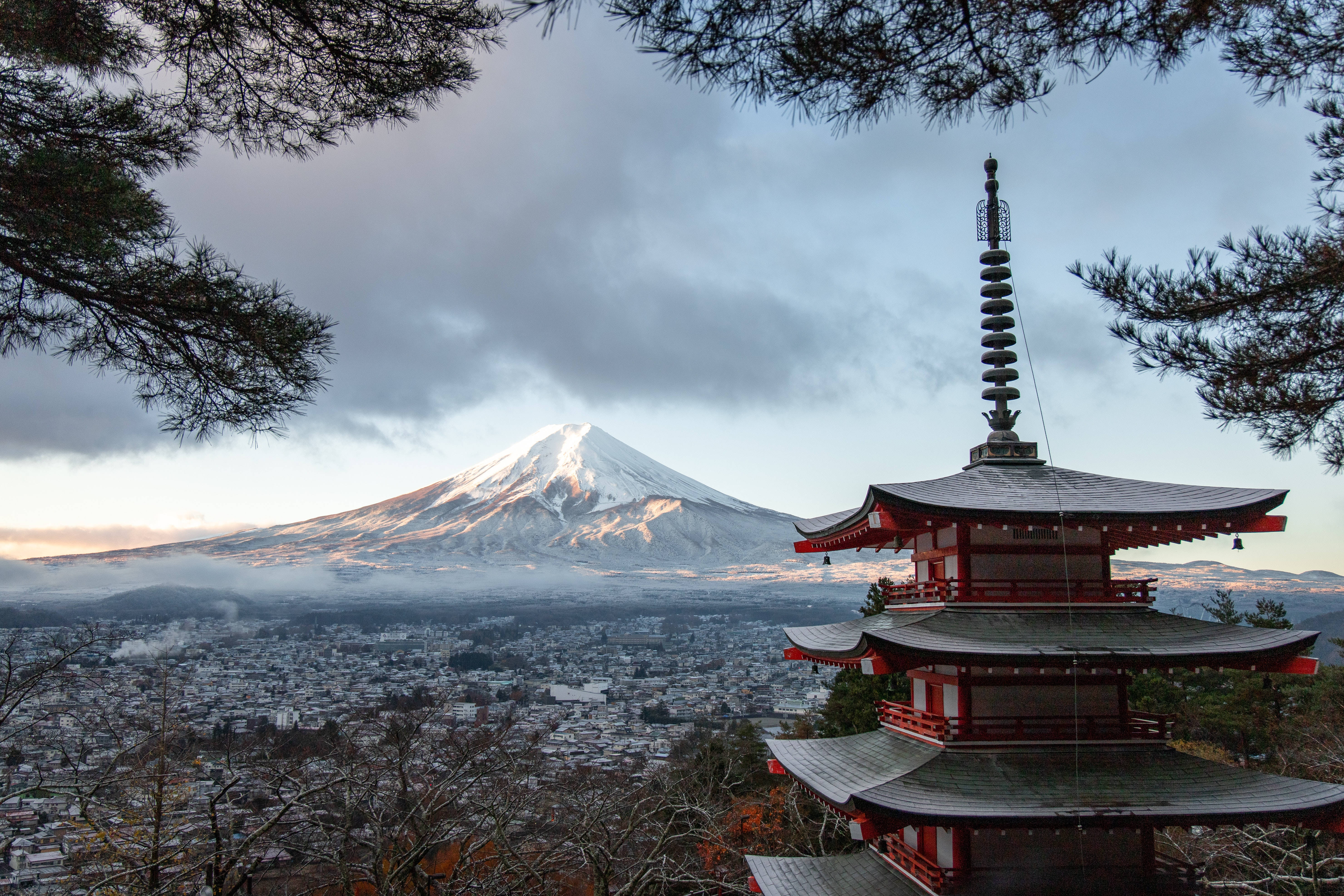 Mount Fuji, shrine, red pagoda, 5K Desktop Wallpaper