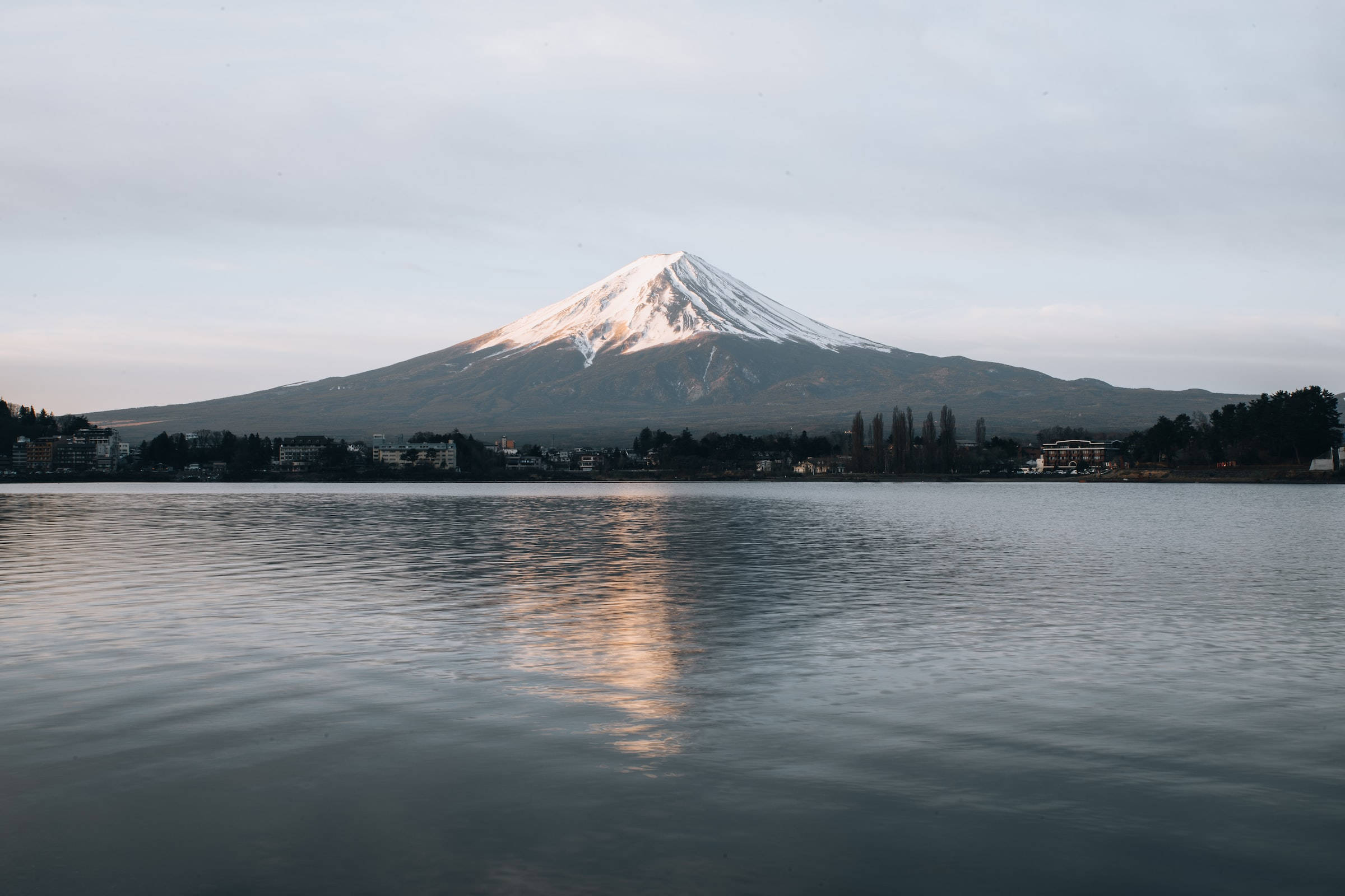 Mount Fuji, calm waters, soft dawn sky, Full HD Desktop Wallpaper