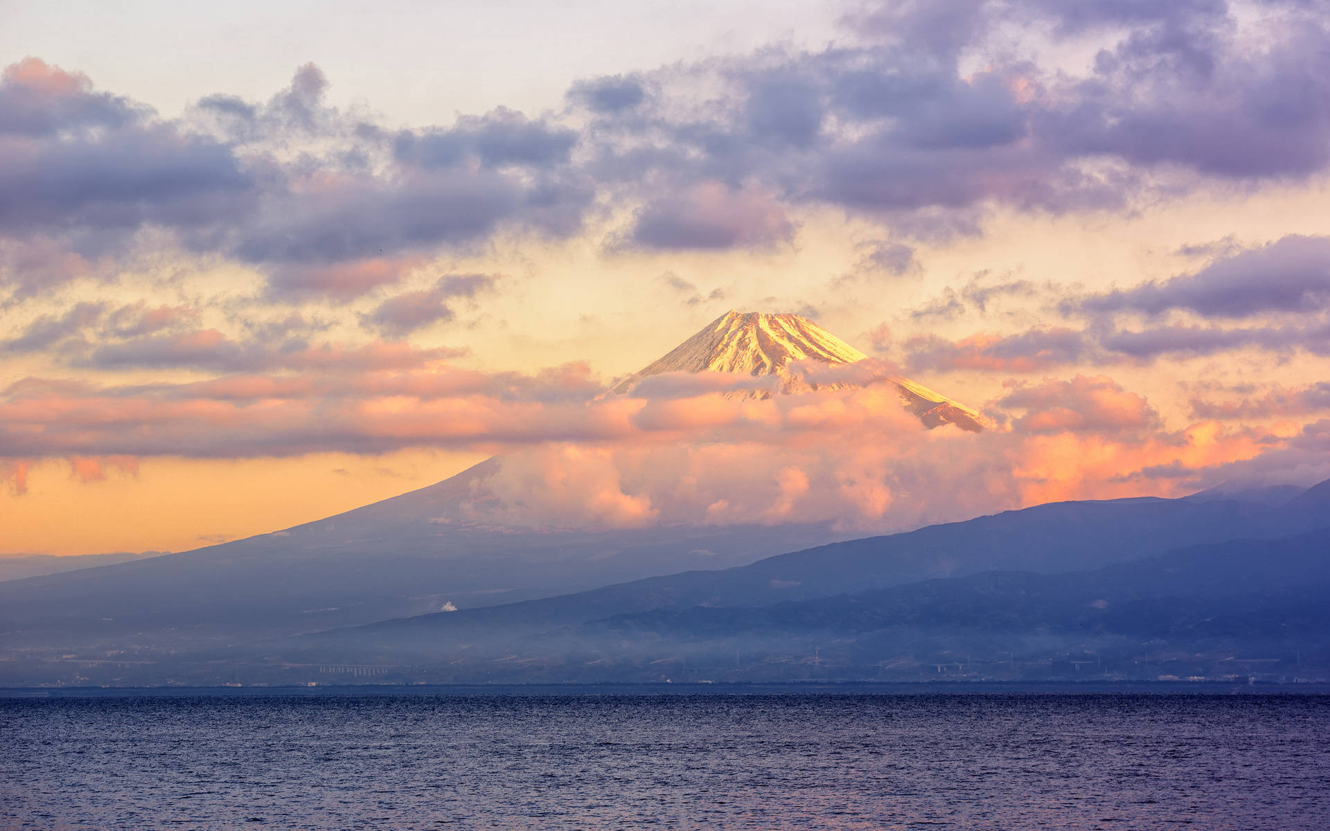 Mount Fuji, snow-capped, pink and purple clouds, Full HD Desktop Wallpaper