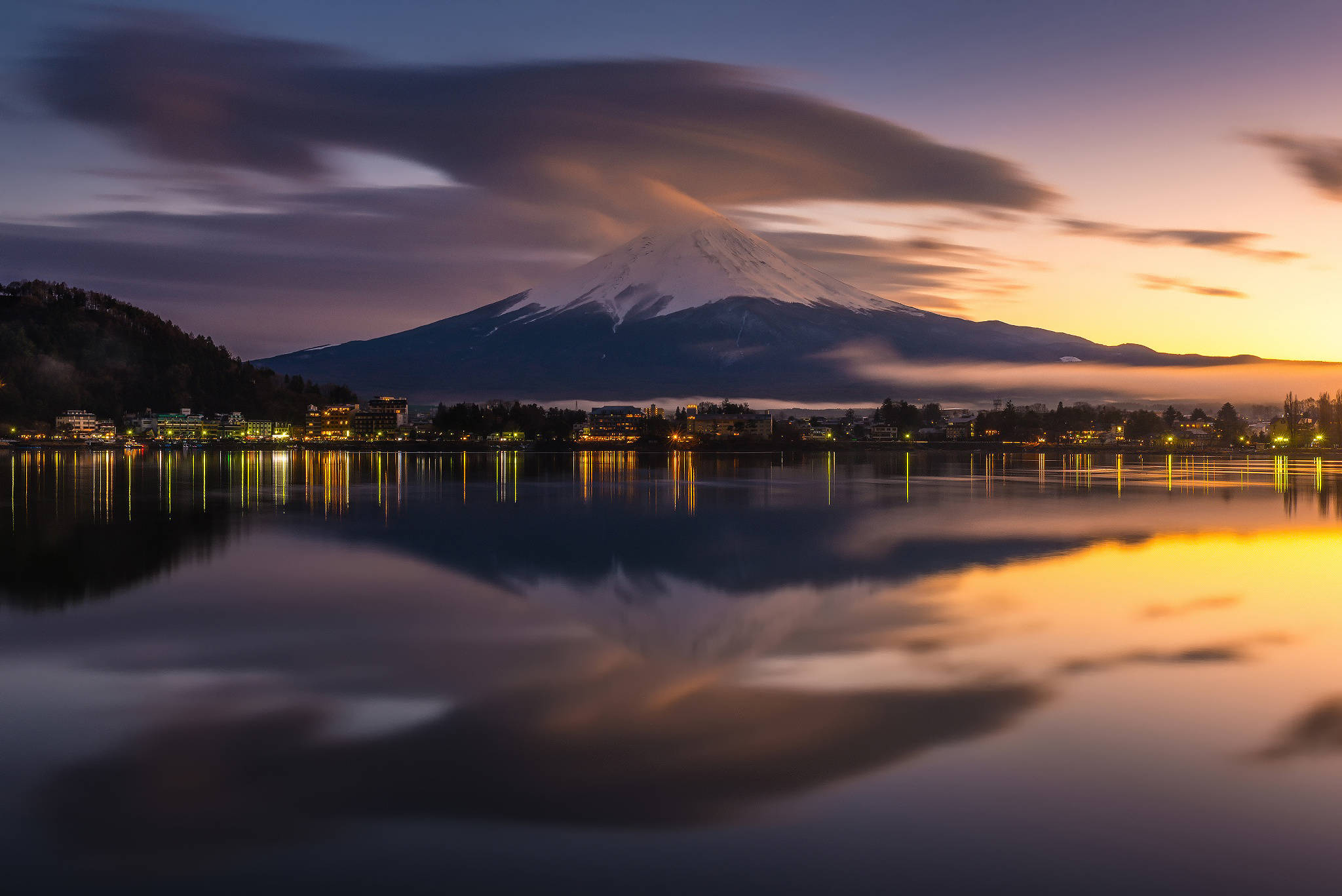 Mount Fuji, calm waters, streaked clouds, Full HD Desktop Wallpaper