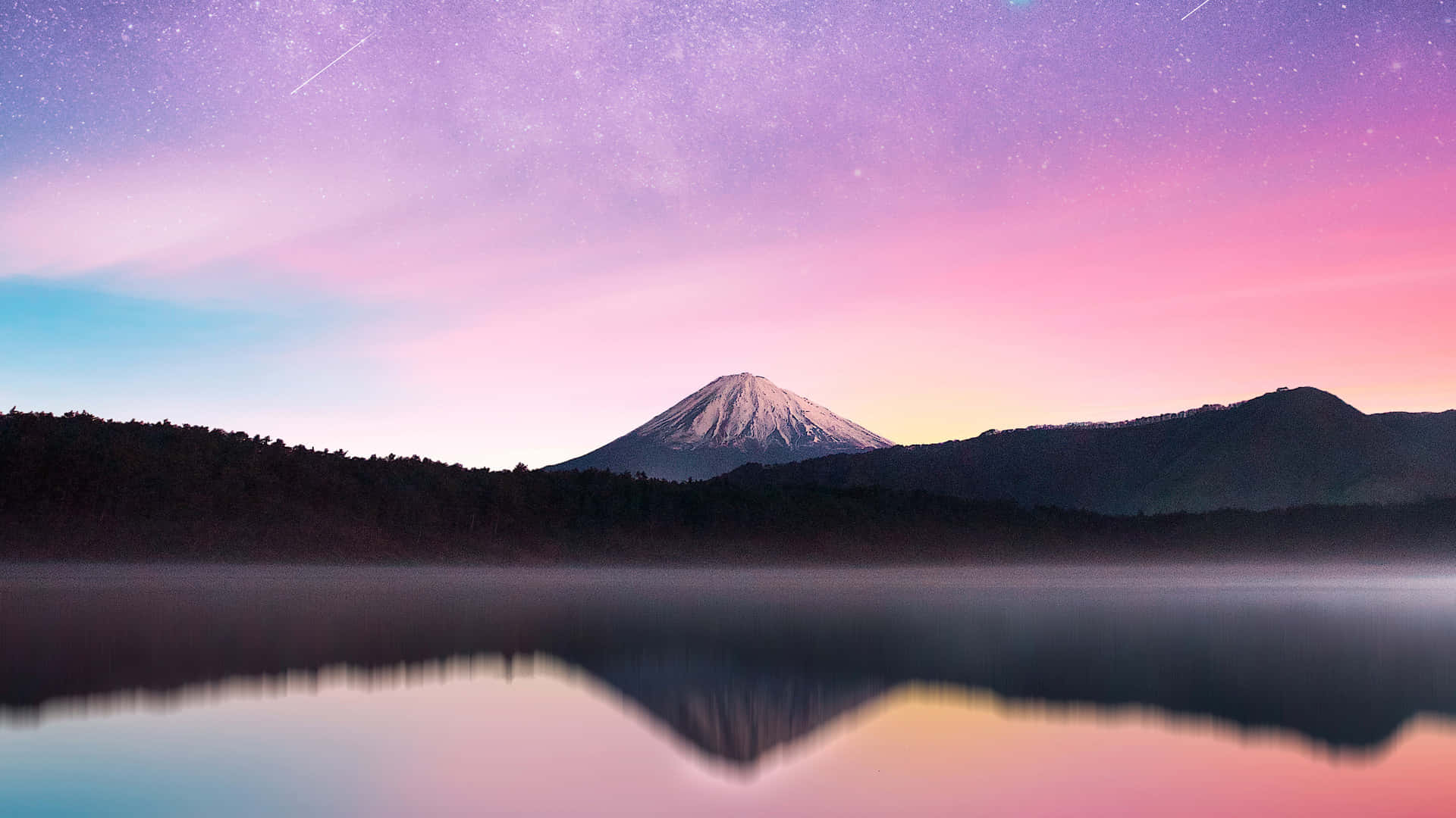 Mount Fuji, starry pink and purple twilight sky, misty lake, Full HD Desktop Wallpaper