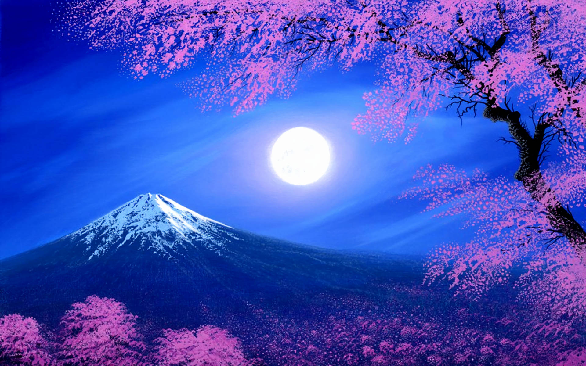 Mount Fuji, snow-capped mountain, glowing full moon, Full HD Desktop Wallpaper