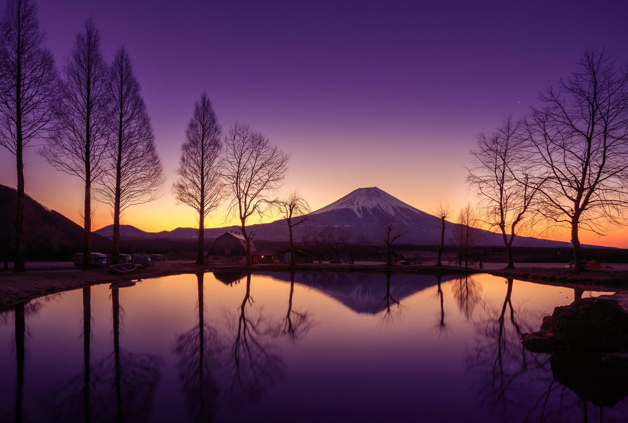Mount Fuji, purple sunset, calm pond, Full HD Desktop Wallpaper