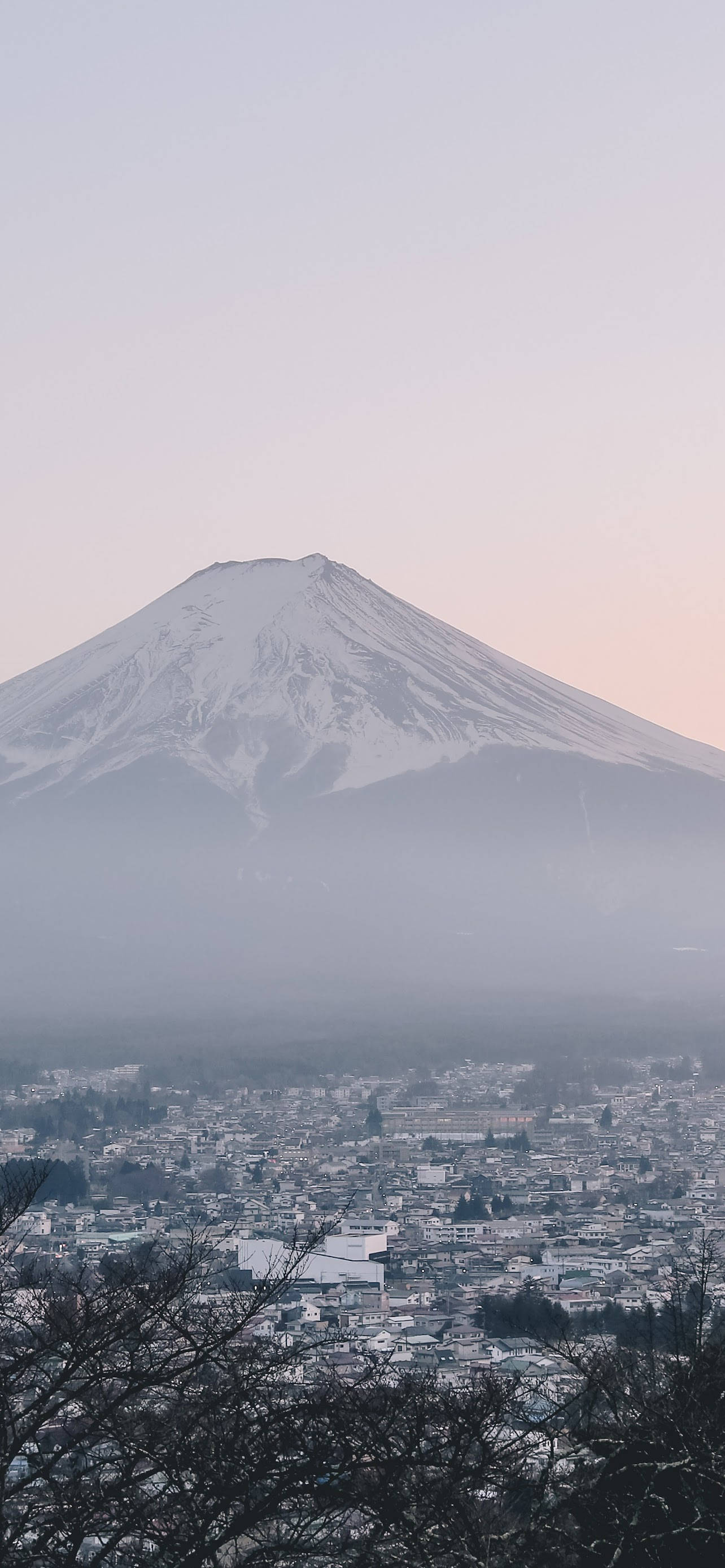 Mount Fuji, dawn, misty town, 2K Phone Wallpaper
