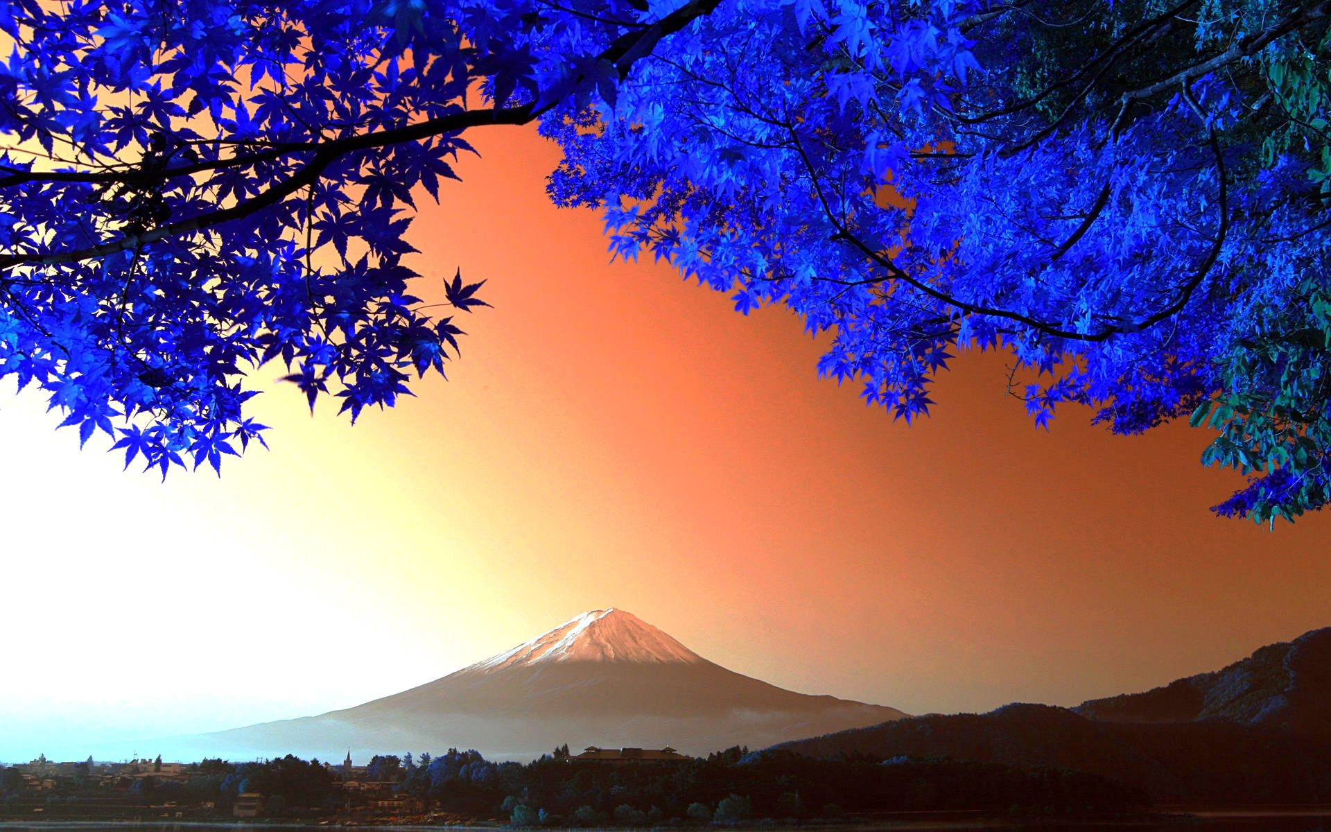 blue maple leaves, Mount Fuji, snow-capped, Full HD Desktop Wallpaper