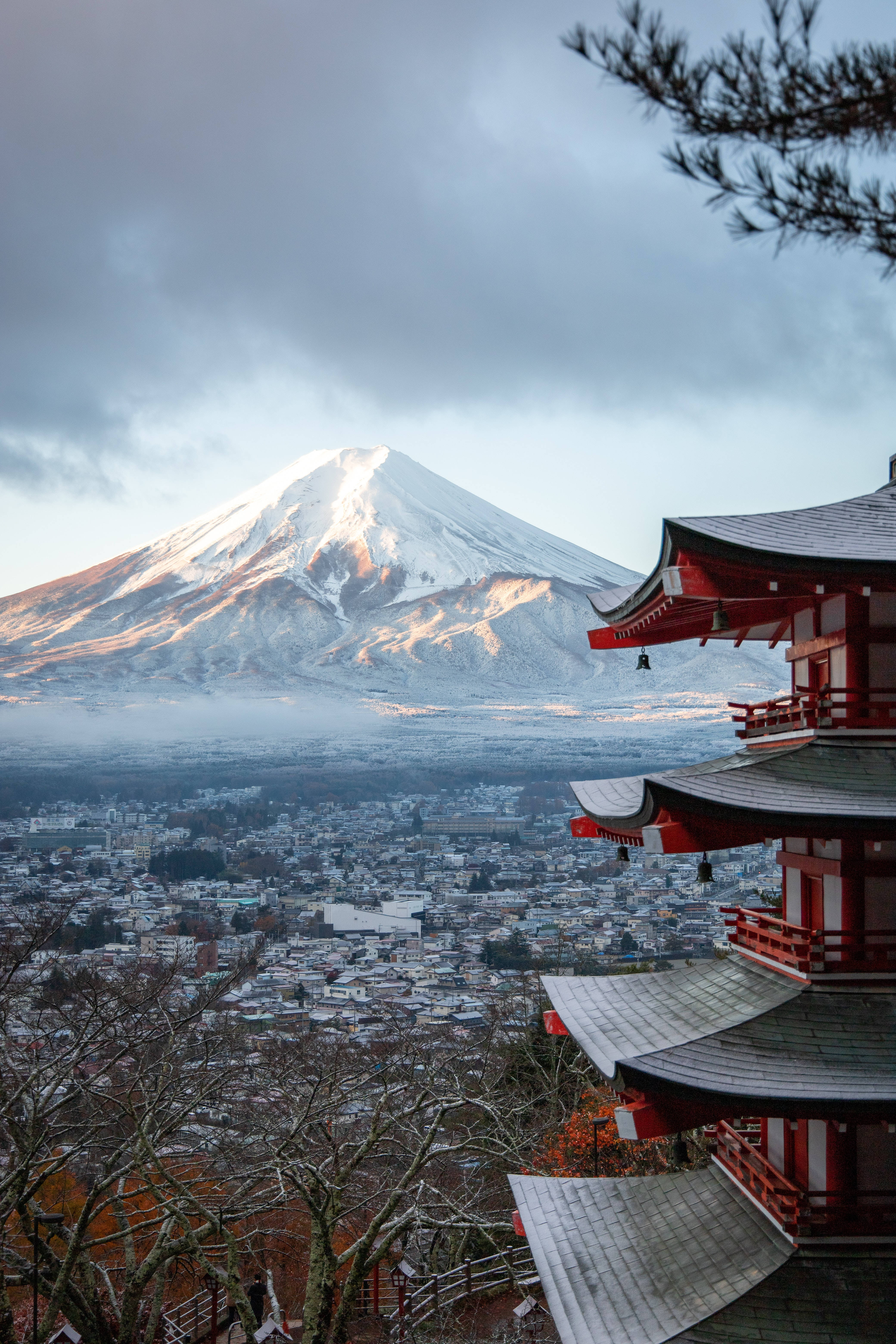 Mount Fuji, snow-capped, traditional red temple, 5K Phone Wallpaper