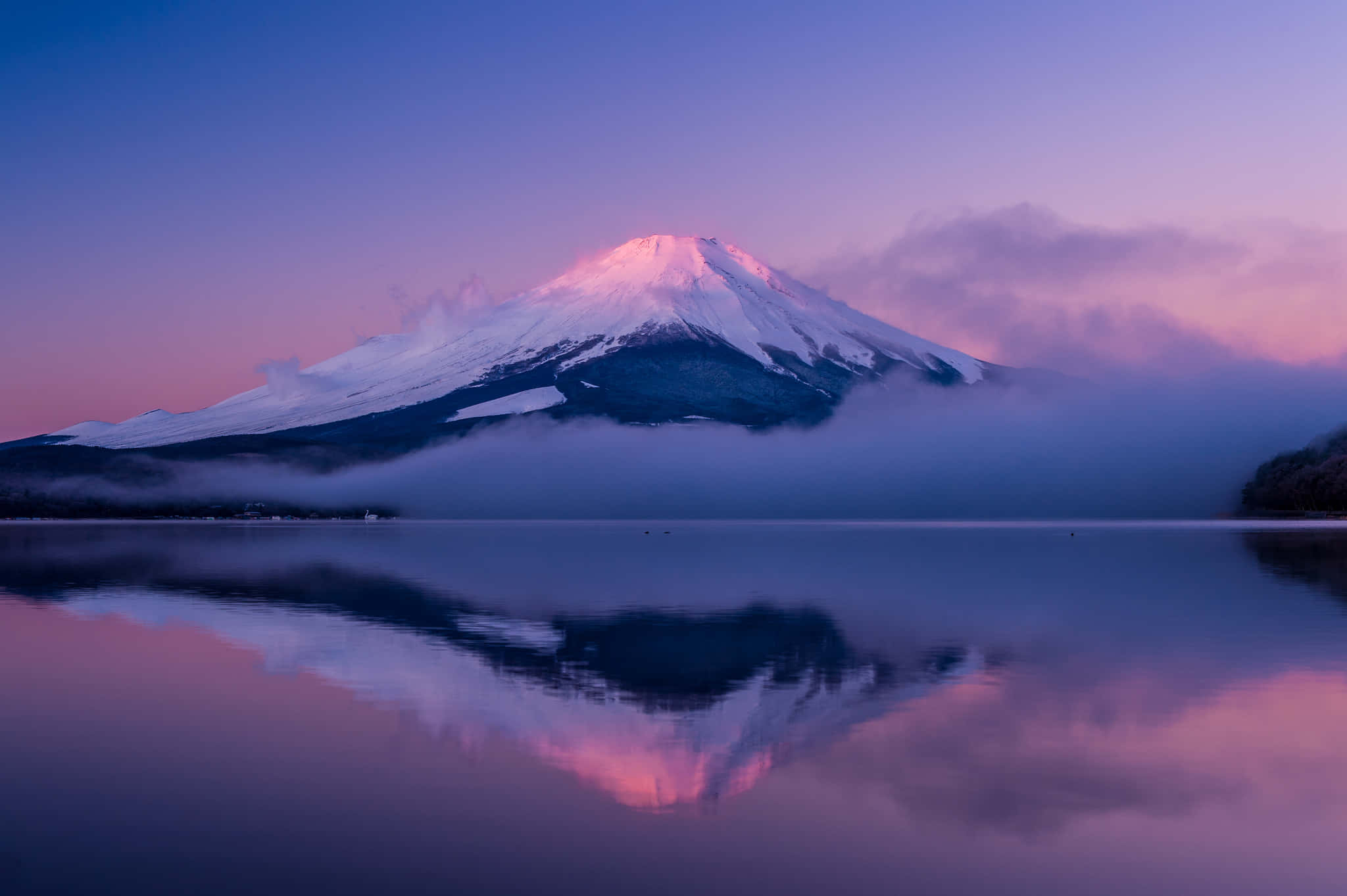 Mount Fuji, pink sunrise, misty lake, Full HD Desktop Wallpaper